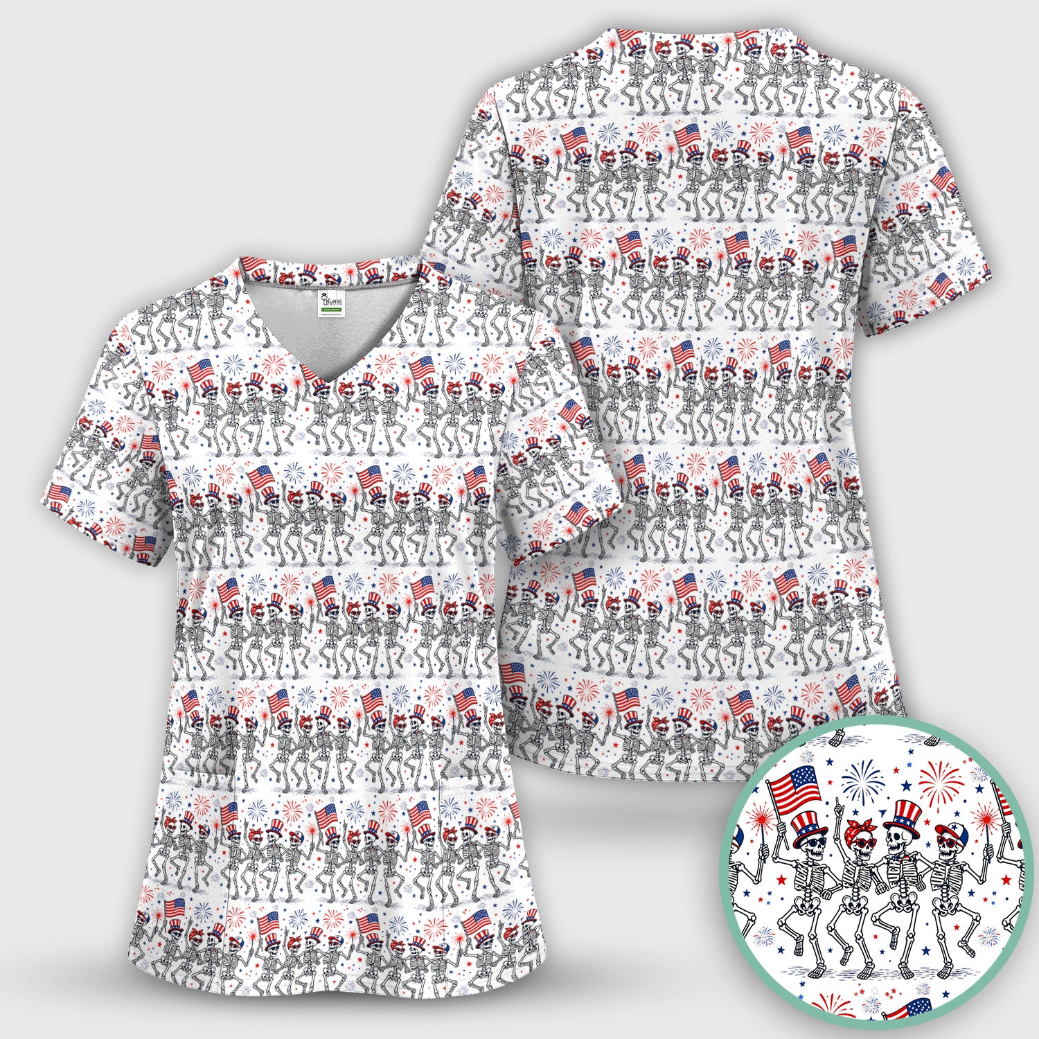 Funny Patriotic Skeleton Pattern, July 4 Medical Scrub Top, Comfortable Scrubs for Nurses