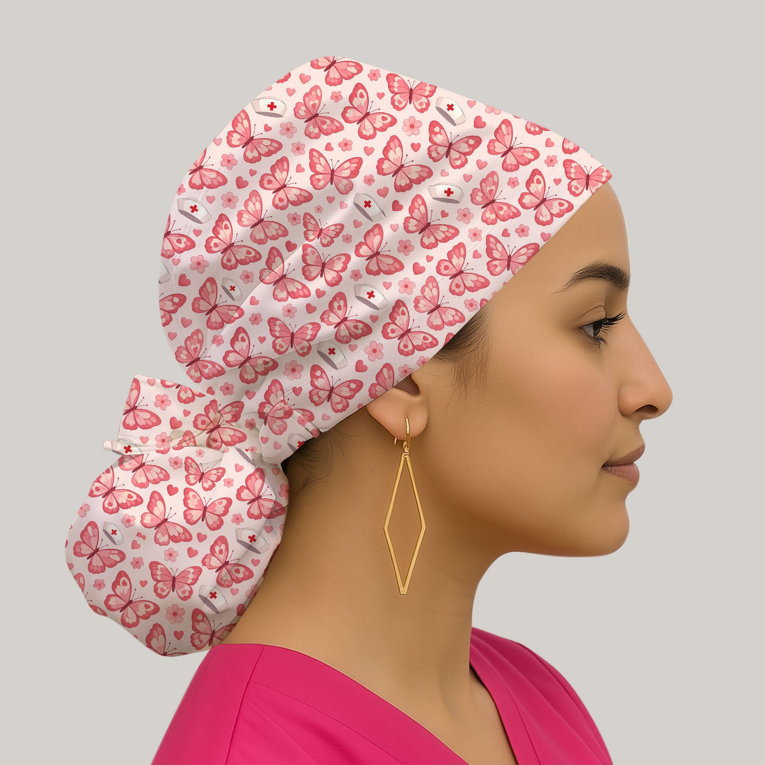 Valentine Butterfly Pattern Nurse Scrub Cap, Pink Heart Medical Hat For Women, Breathable Fabrics Nursing Uniform