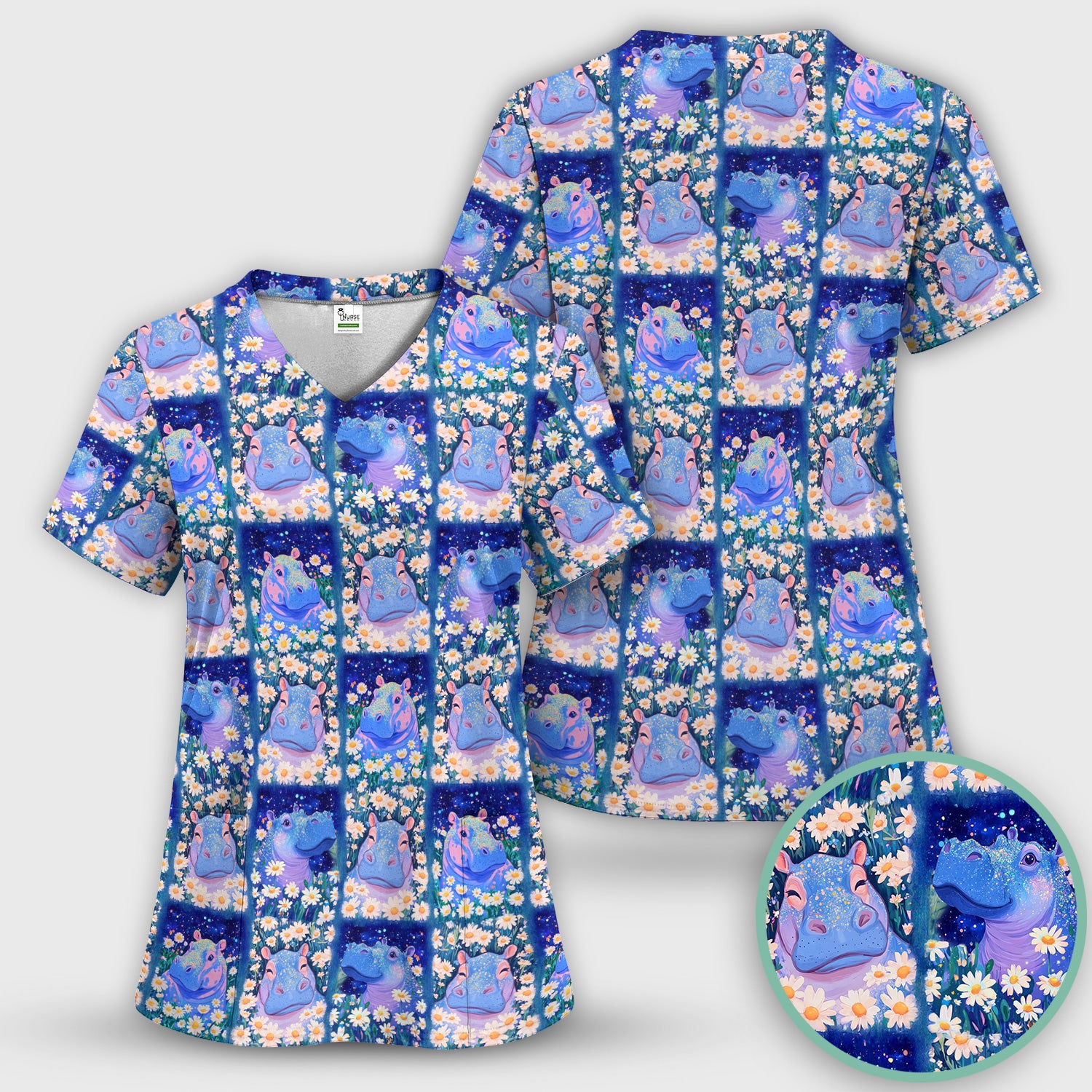 Cute Hippo Daisy Floral Patchwork Scrub Set, Scrub Pants and V Neck Top