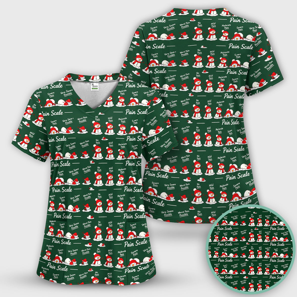 Funny Christmas Snowman Pain Scale Scrub Set, Scrub Pants and V Neck Top