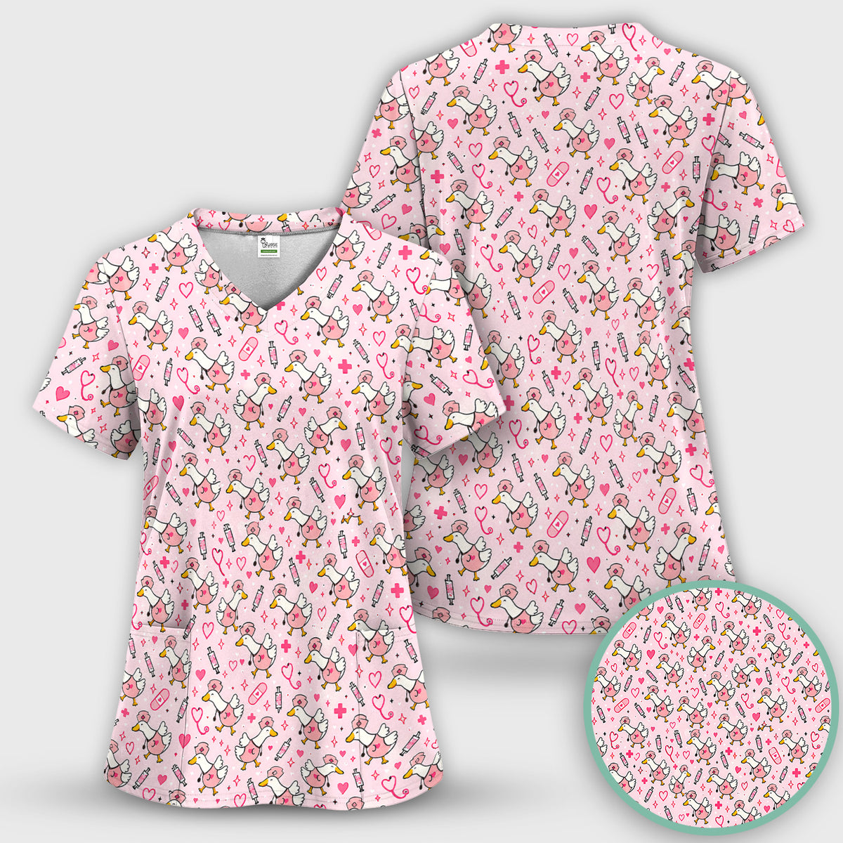 Pink Nurse Goose And Hearts Scrub Set, Scrub Pants and V Neck Top