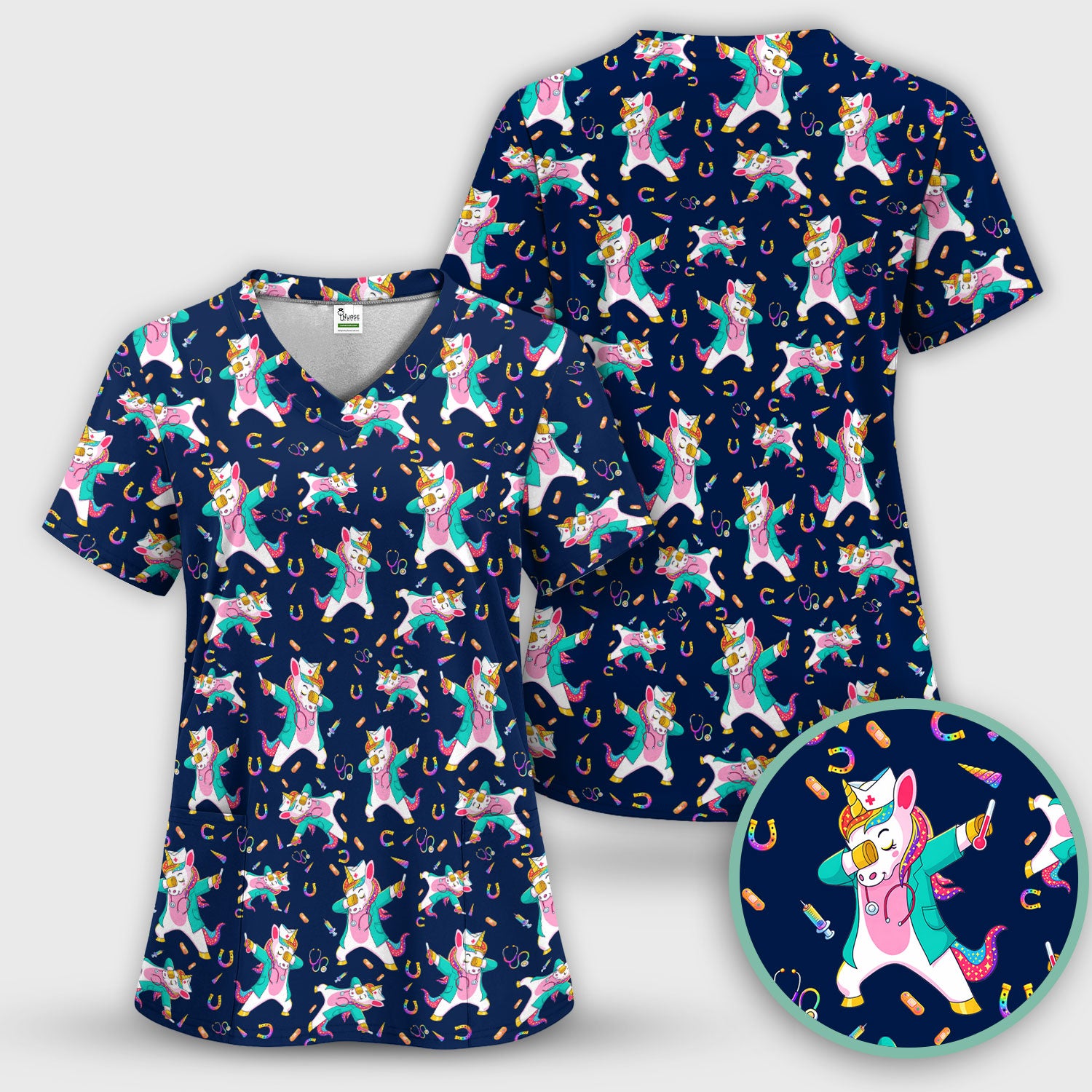 Cute Unicorn Nurse Dance Pattern Scrub Top, Breathable Fabrics Nursing Uniform