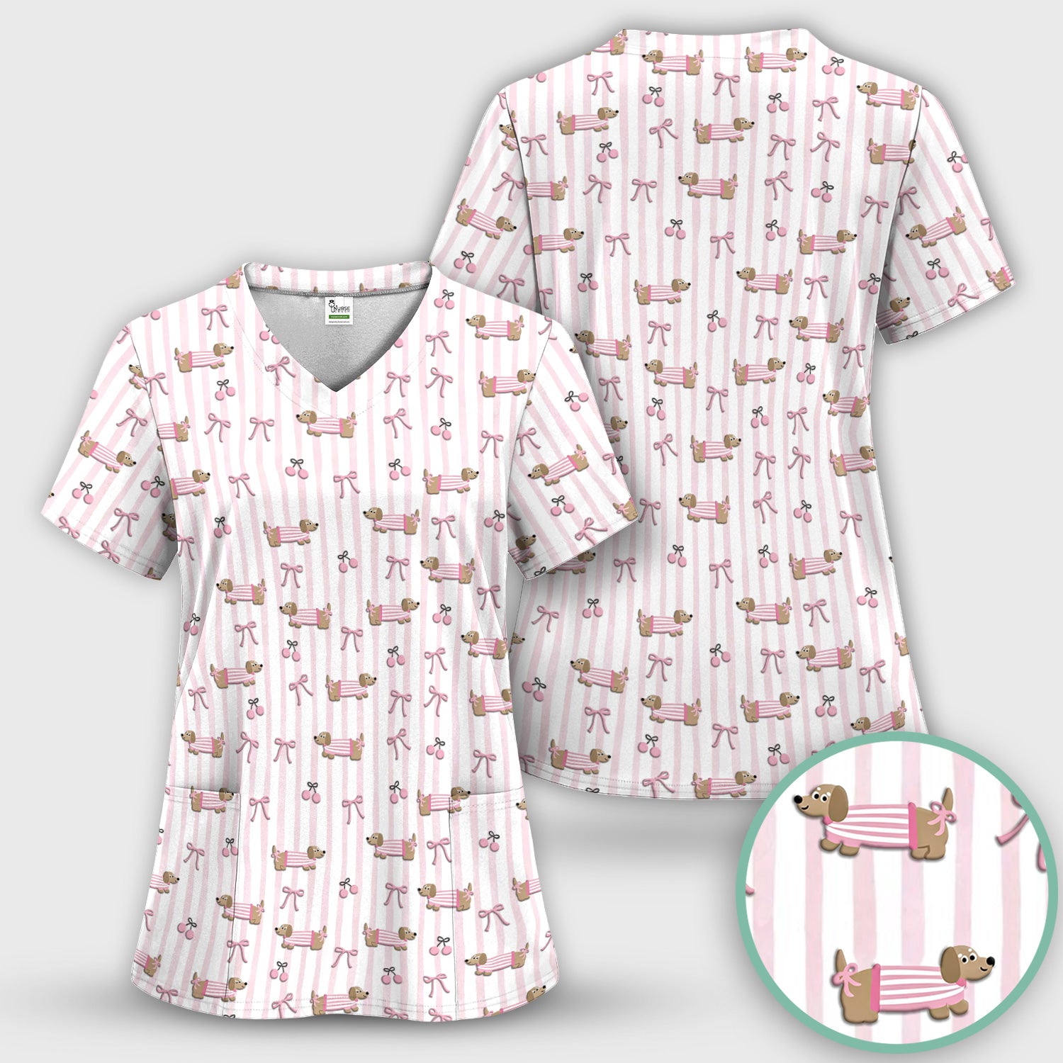 Cute Dachshund Pink Stripe Pattern Scrub Set, Women's Scrub Sets