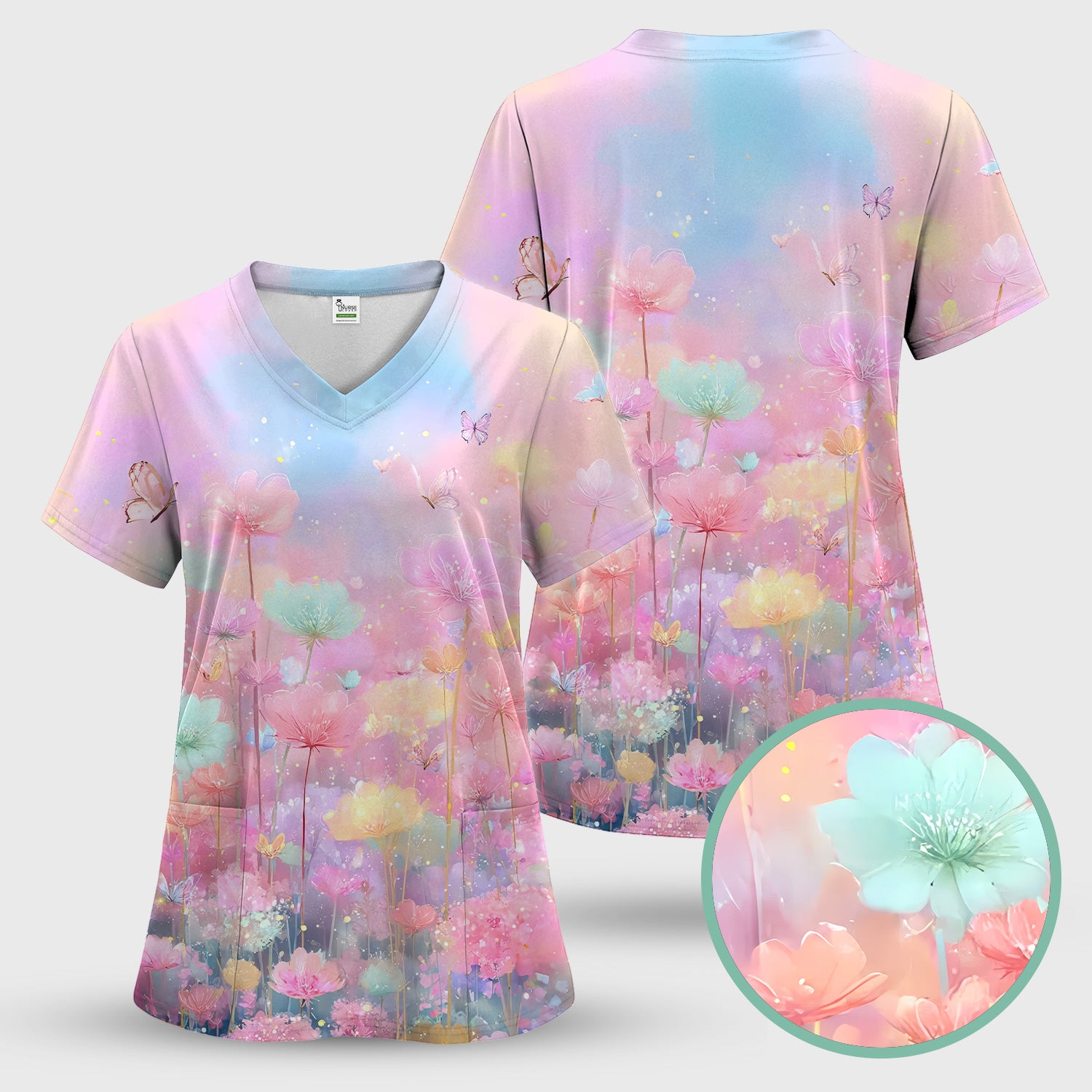 Dreamy Pastel Watercolor Floral Garden Scrub Top, Breathable Fabrics Nursing Uniform