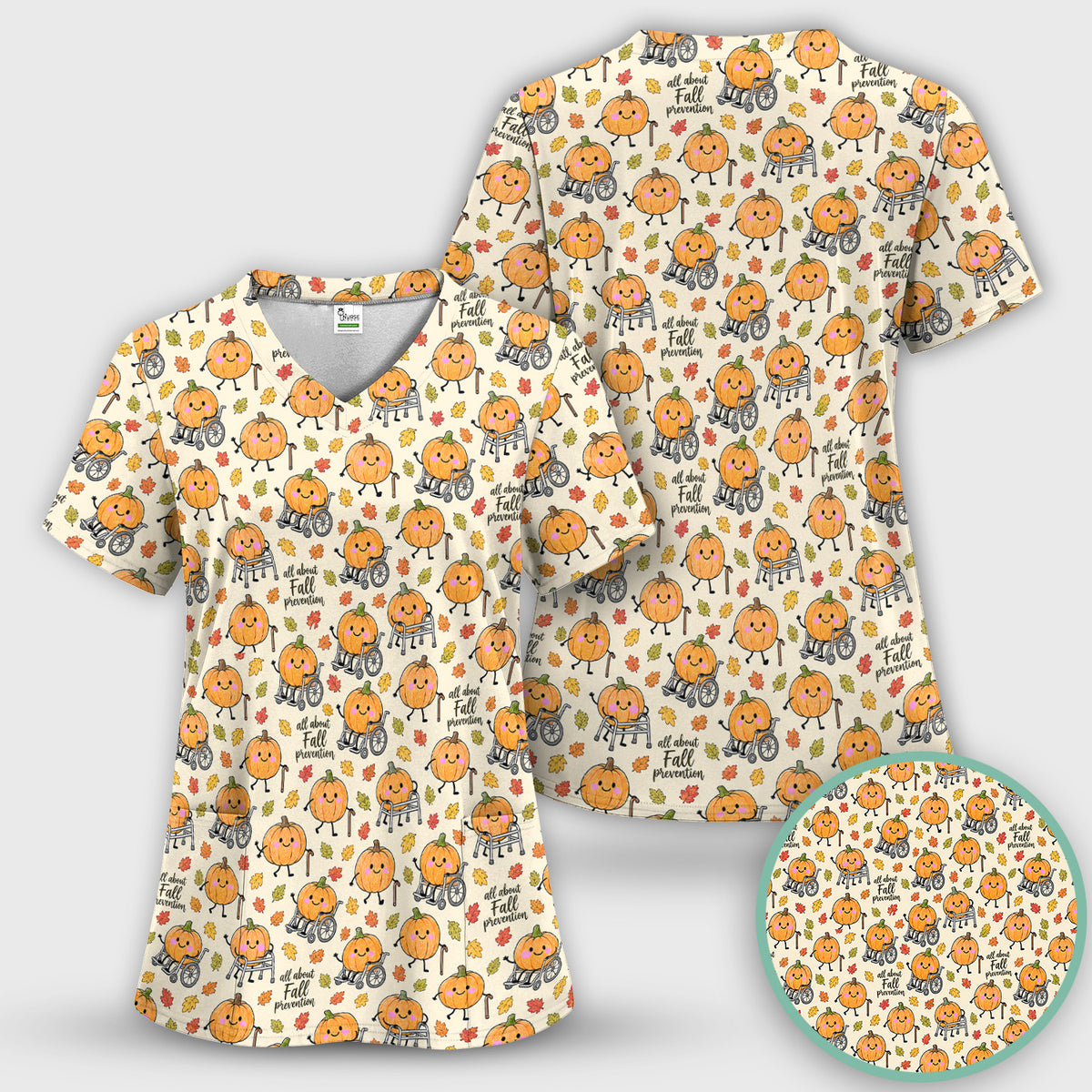 Cute Fall Prevention Pumpkin Pattern Scrub Set, Scrub Pants and V Neck Top