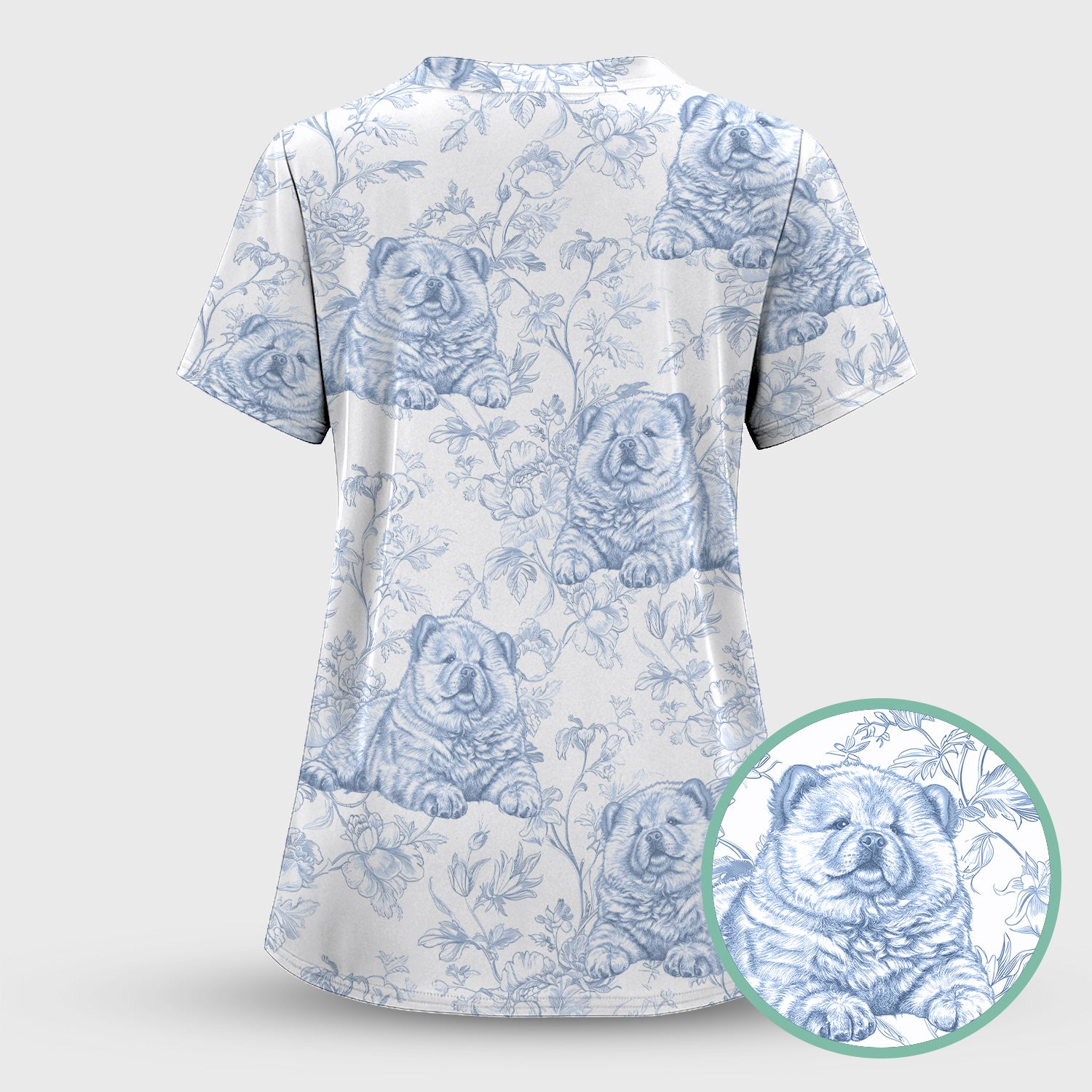 Custom Dog Cat Style Chinoiserie Pattern Scrubs Sets, Scrub Pants and V Neck Top