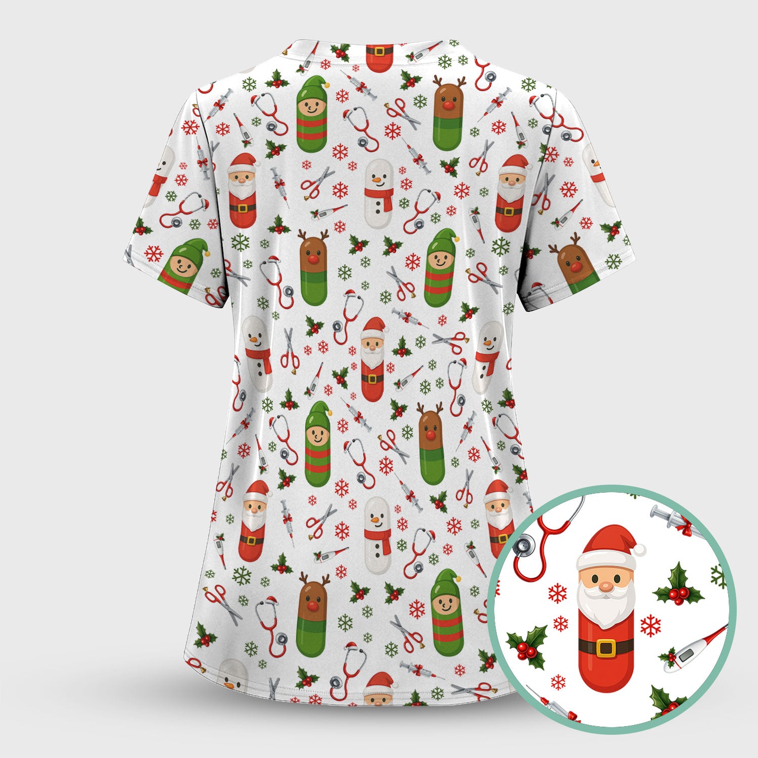 Santa Christmas Scrubs Set - Cute Holiday Pattern with Reindeer and Snowman - Fun Medical Scrub Top and Pants for Women Nurses