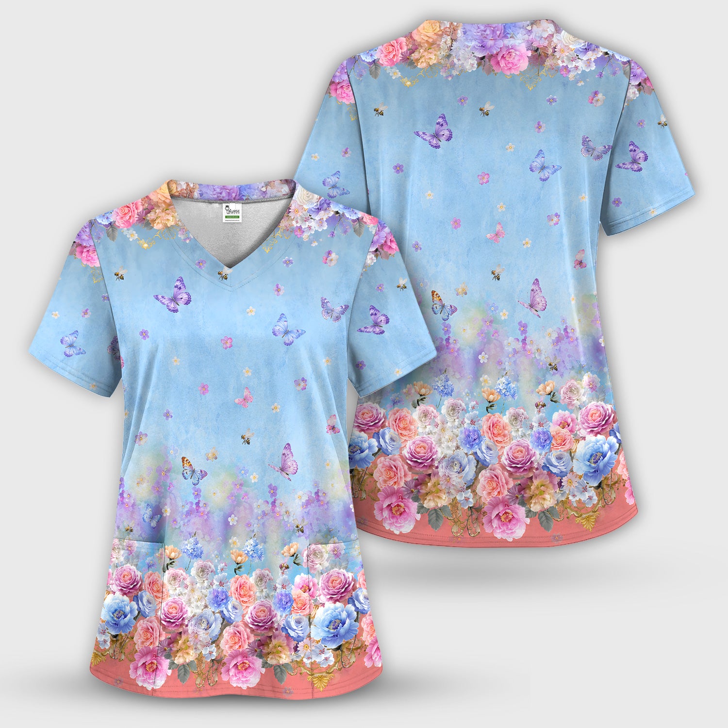 Pastel Flower Garden Print Scrub Top, Comfortable Scrubs for Nurses