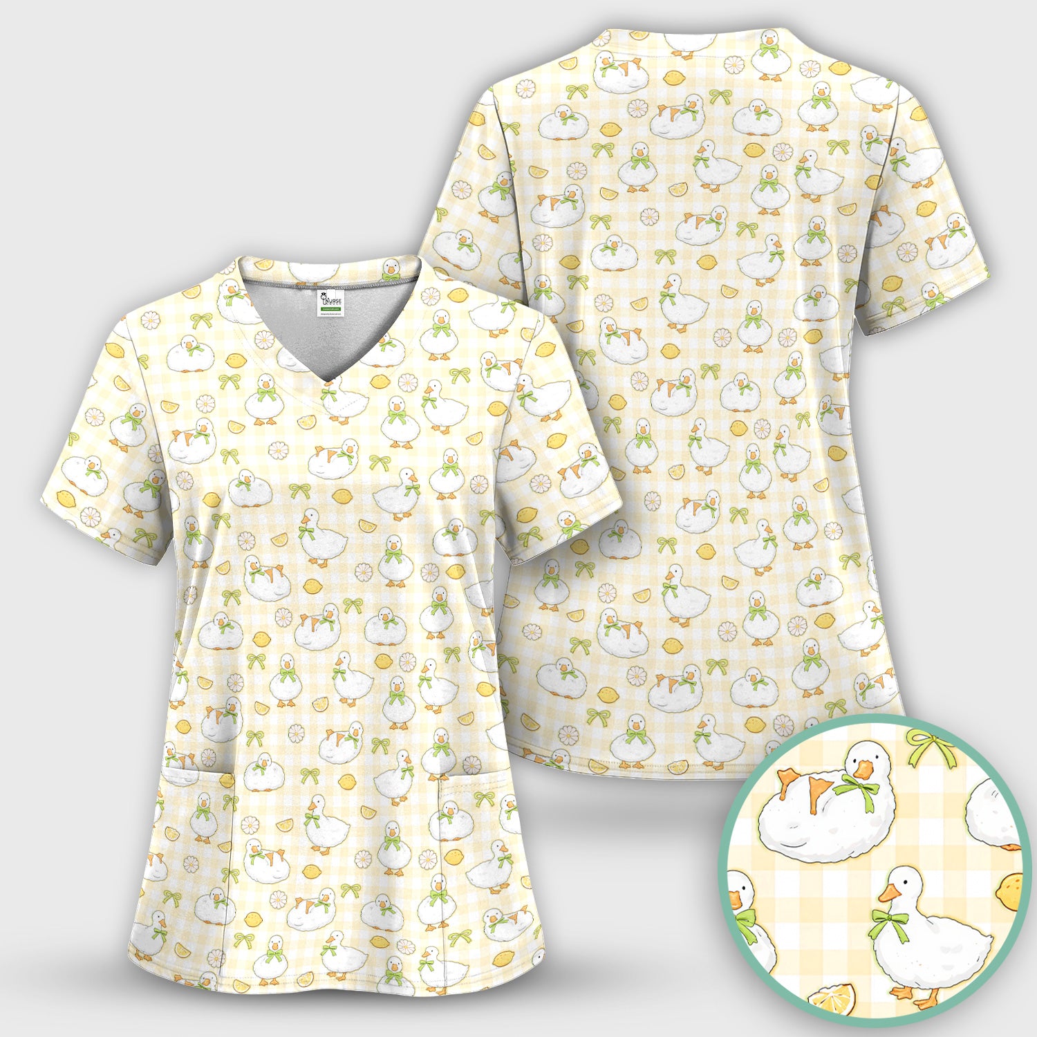 Adorable Ducks Lemon Daisy Pattern Scrubs Top, Comfortable Scrubs for Nurses