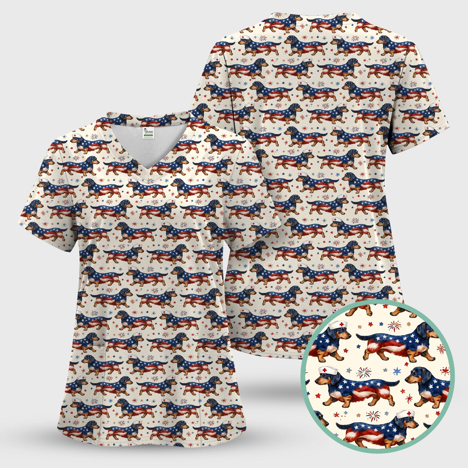Patriotic Dachshund Dog American Flag Pattern Nurse Scrub Set, Scrub Pants and V Neck Top