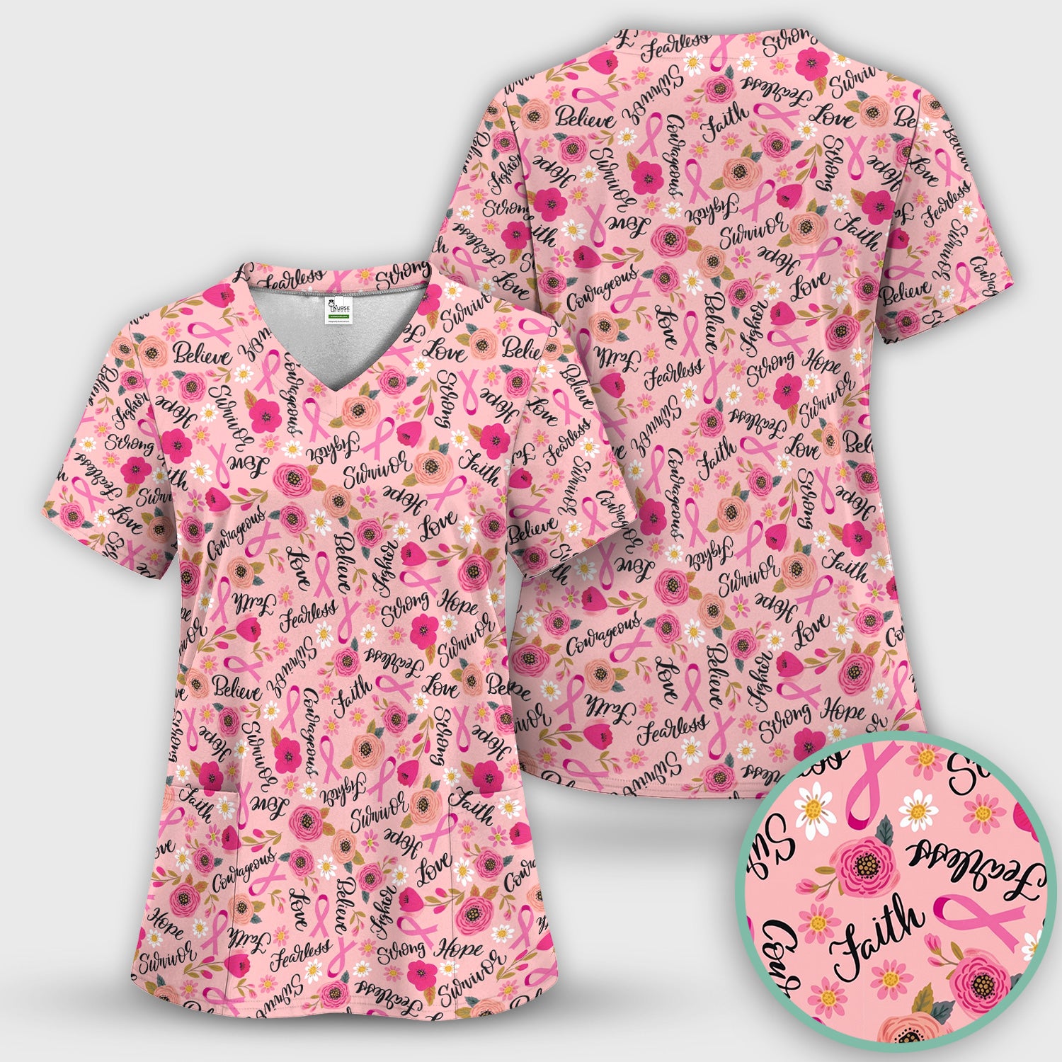 Breast Cancer Awareness Oncology with Pink Ribbon Floral Pattern Scrub Top, Comfortable Scrubs for Nurses