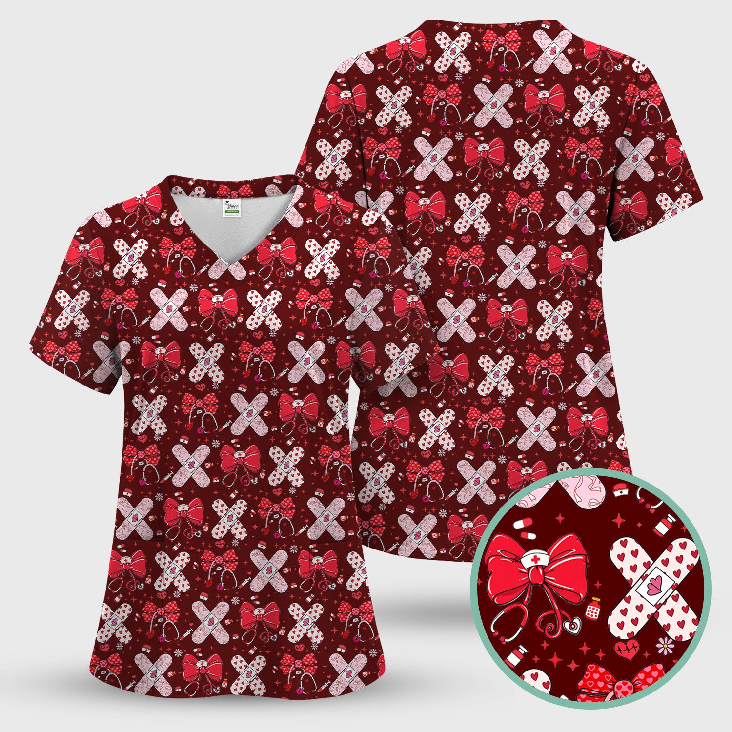 Valentine Nurse Scrub Top, Red Bow And Heart Bandage Pattern Medical Shirt, Breathable Fabrics Nursing Uniform