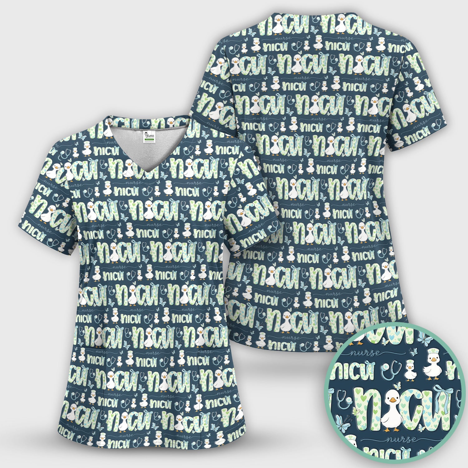 NICU Nurse Duck Pattern Scrub Set, Scrub Pants and V Neck Top