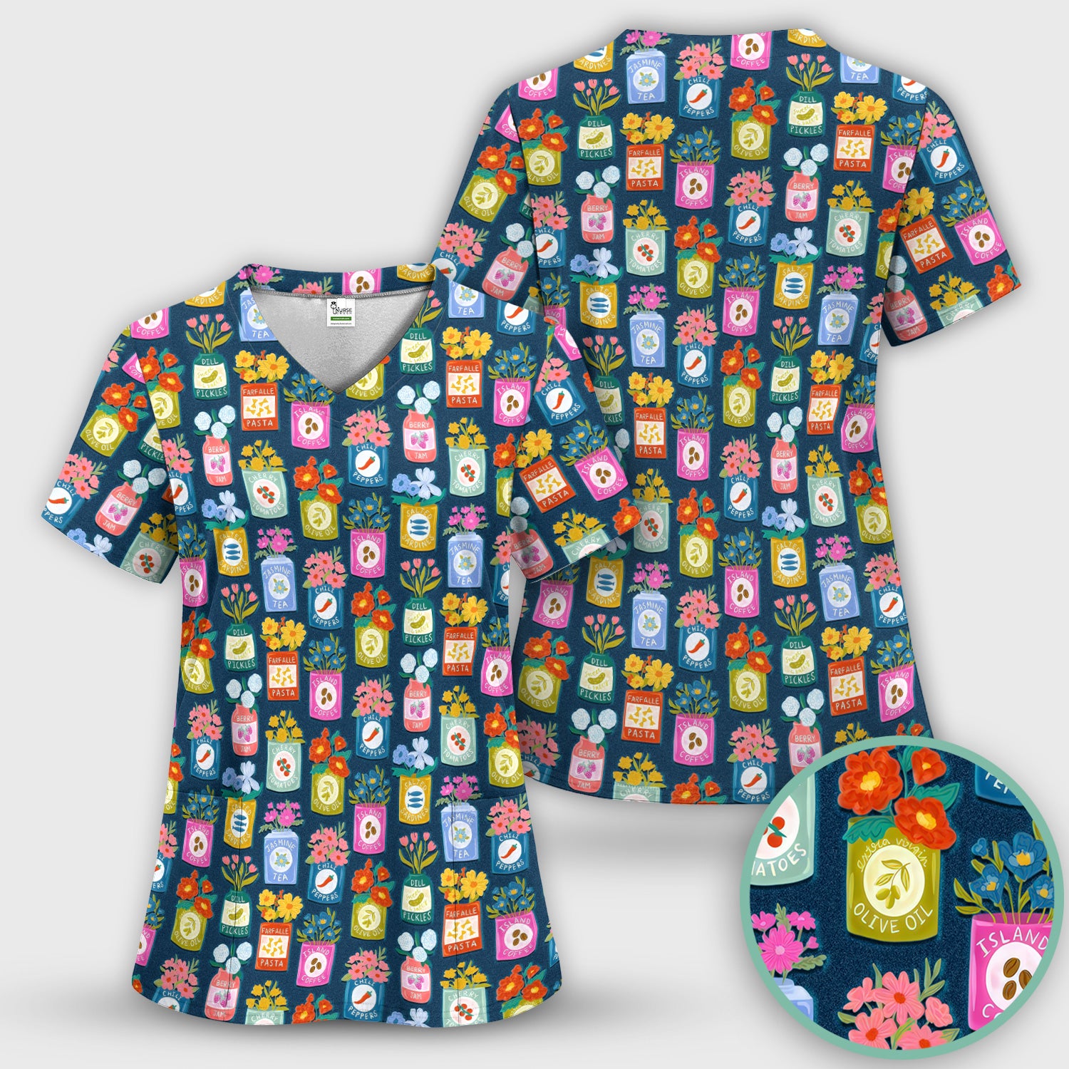 Colorful Pantry Jars Flowers Pattern Scrubs Sets, Scrub Pants and V Neck Top