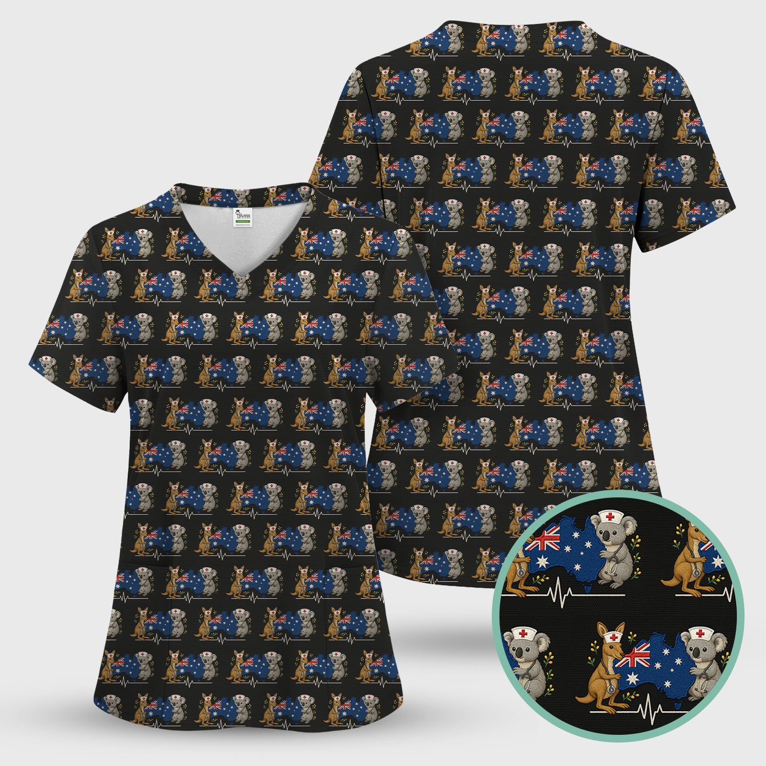 Australian Nurse Scrub Set, Cute Koala Kangaroo Heartbeat Pattern Shirt,  Breathable Fabrics Nursing Uniform