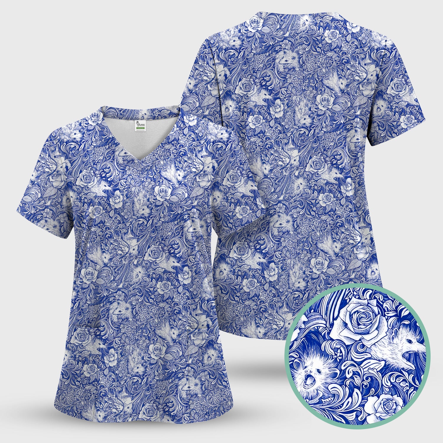 Blue Toile Opossum Floral Pattern Scrub Top, Comfortable Scrubs for Nurses