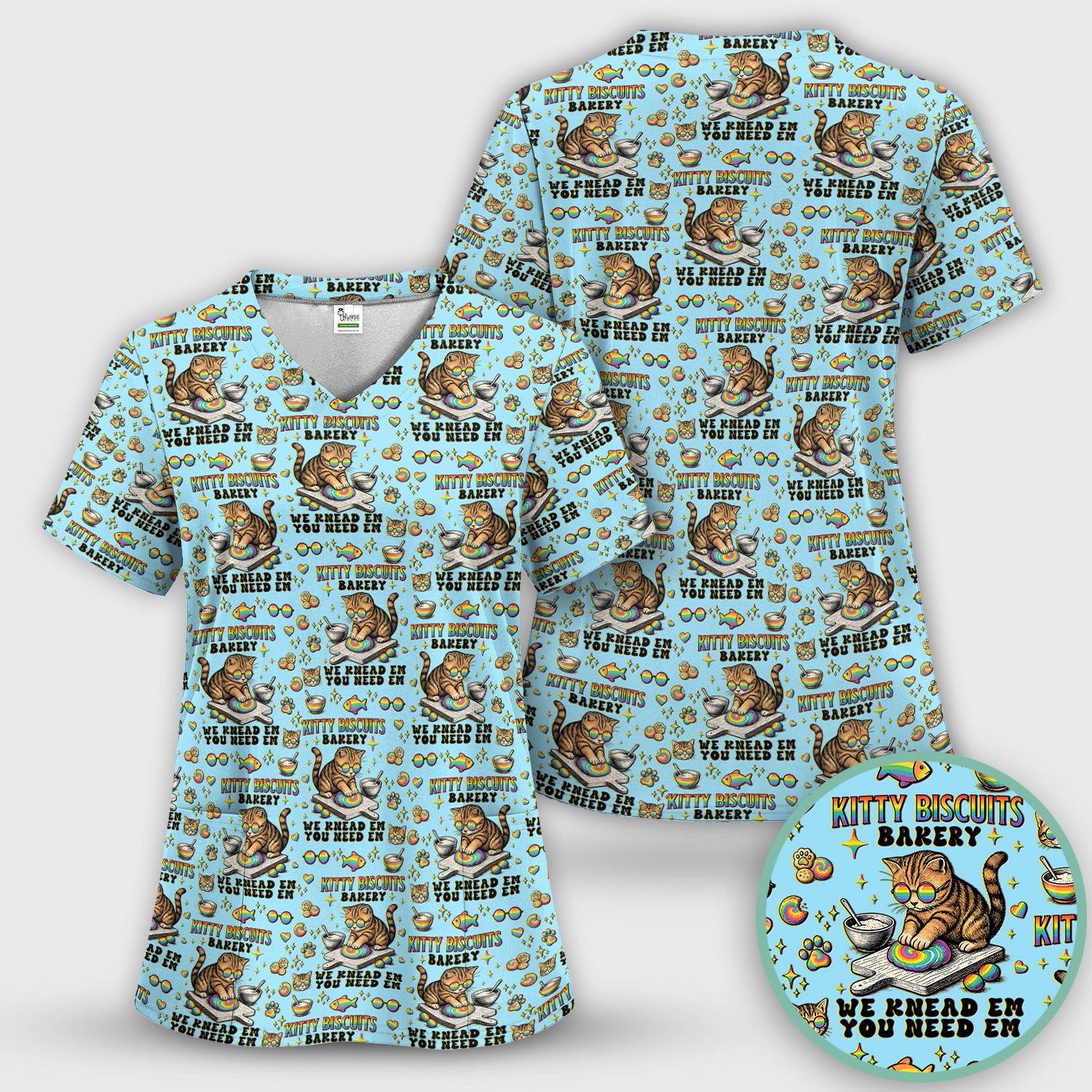 Pride Nurse Cat Baking Rainbow Dough Pattern Scrub Top, Breathable Fabrics Nursing Uniform