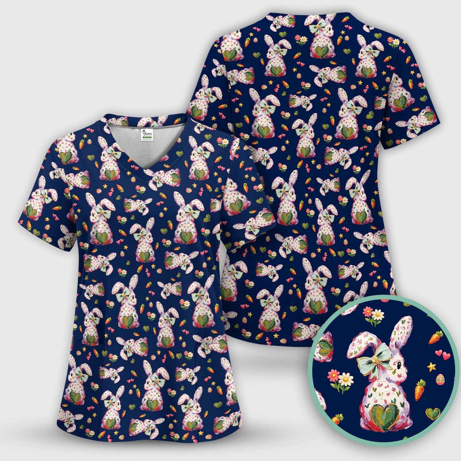 Cute Pastel Bunny Easter Pattern Scrub Top, Comfortable Scrubs for Nurses