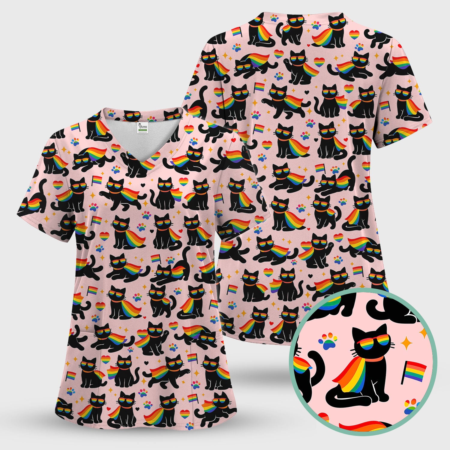 Rainbow Black Cat Pride Pattern Scrub Top, Breathable Fabrics Nursing Uniform