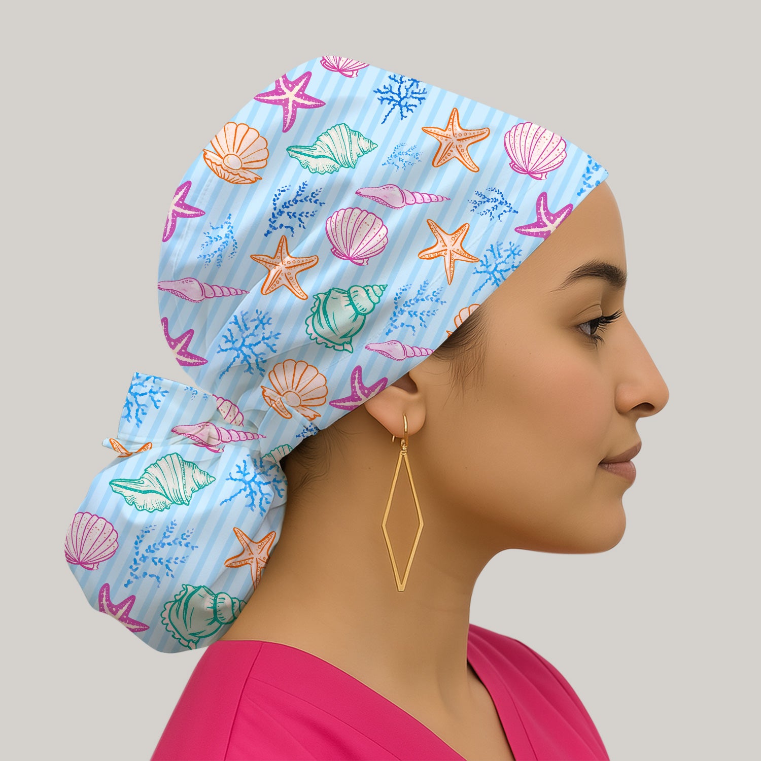 Colorful Seashell Starfish Ocean Stripe Pattern Cap, Bouffant Scrub Caps for Women
