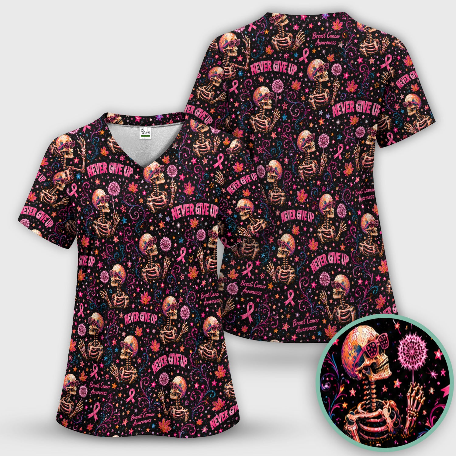 Breast Cancer Awareness Skeletons Pattern Scrub Set, Scrub Pants and V Neck Top