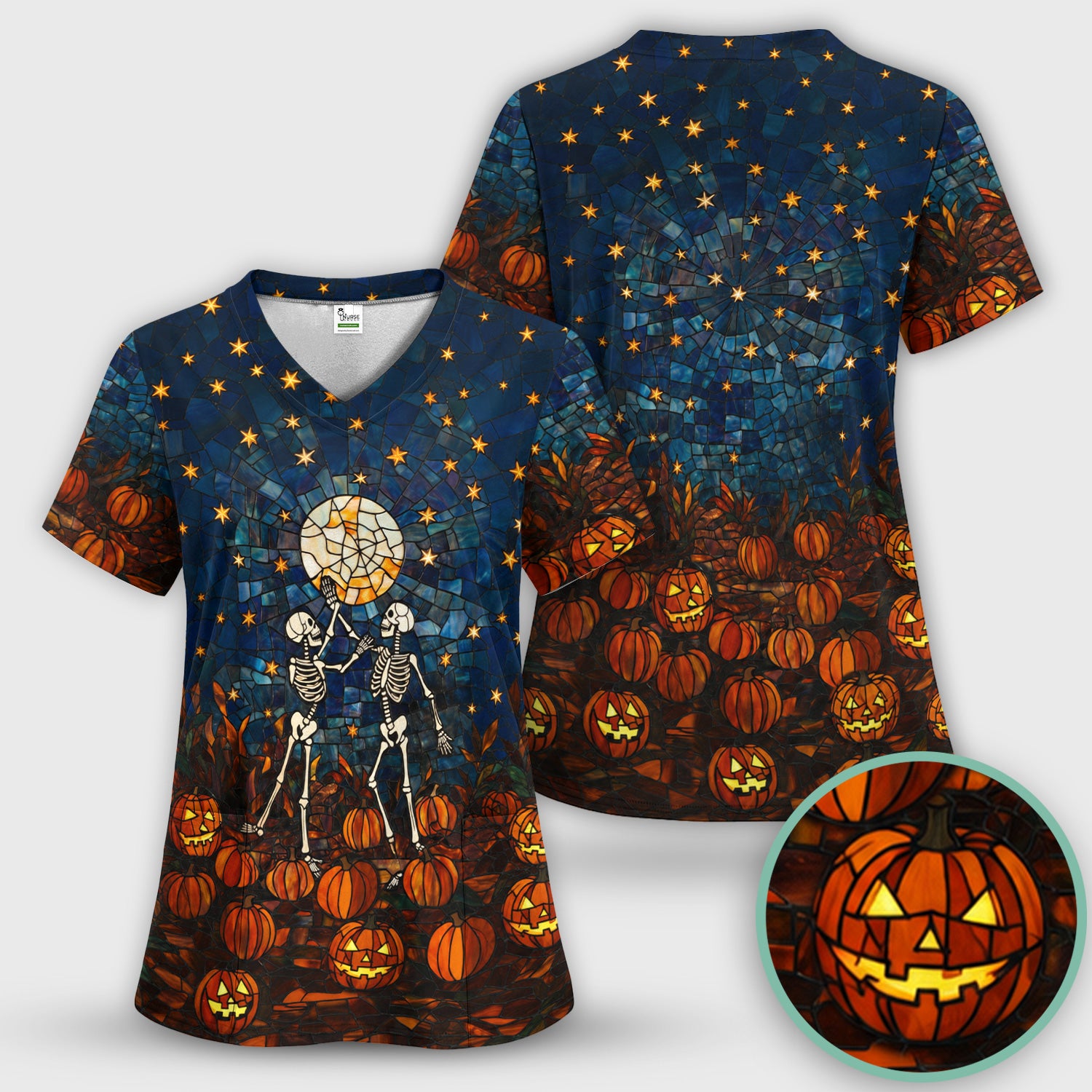Halloween Skeleton Pumpkin Patch Scrub Set, Scrub Pants and V Neck Top