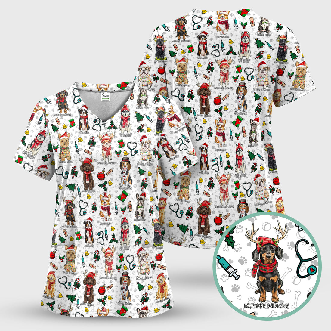 Cute Christmas Dog Scrubs for Nurses - Corgi, Dachshund, Husky, Poodle & Labrador - Funny Holiday Medical Scrub Top for Women