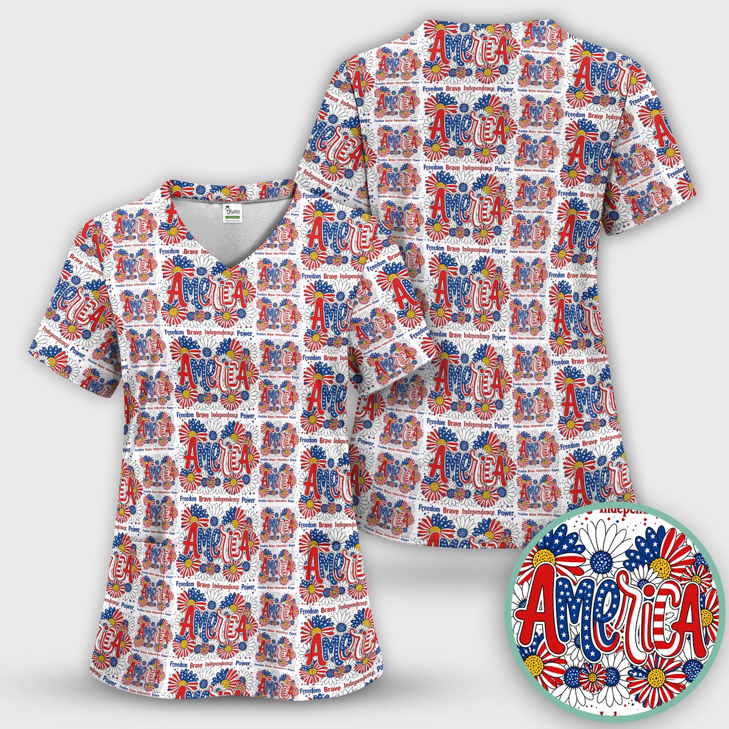 Patriotic America Floral Fireworks Pattern Scrub Set, Scrub Pants and V Neck Top