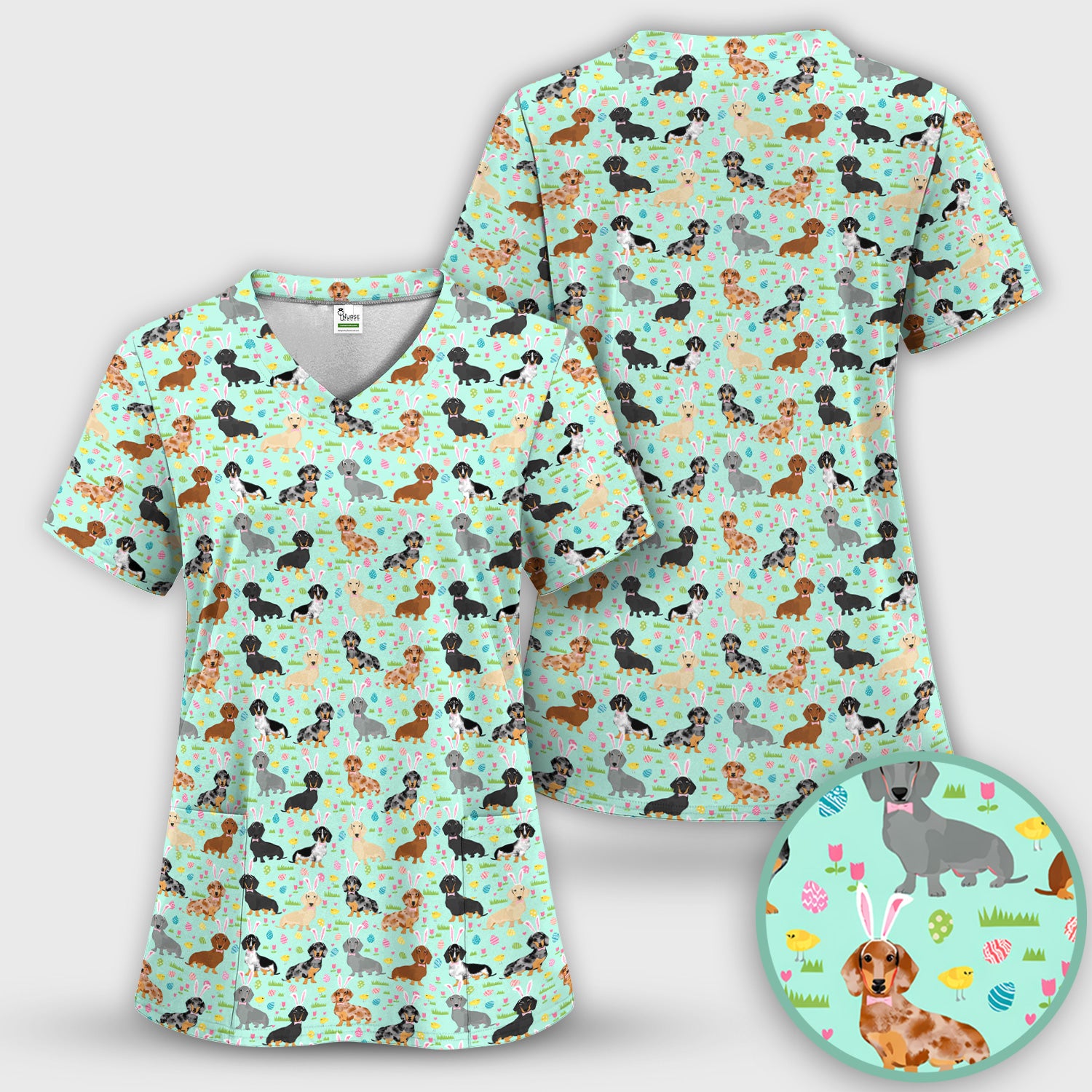 Easter Dachshund Dog Pattern Scrub Top, Comfortable Scrubs for Nurses