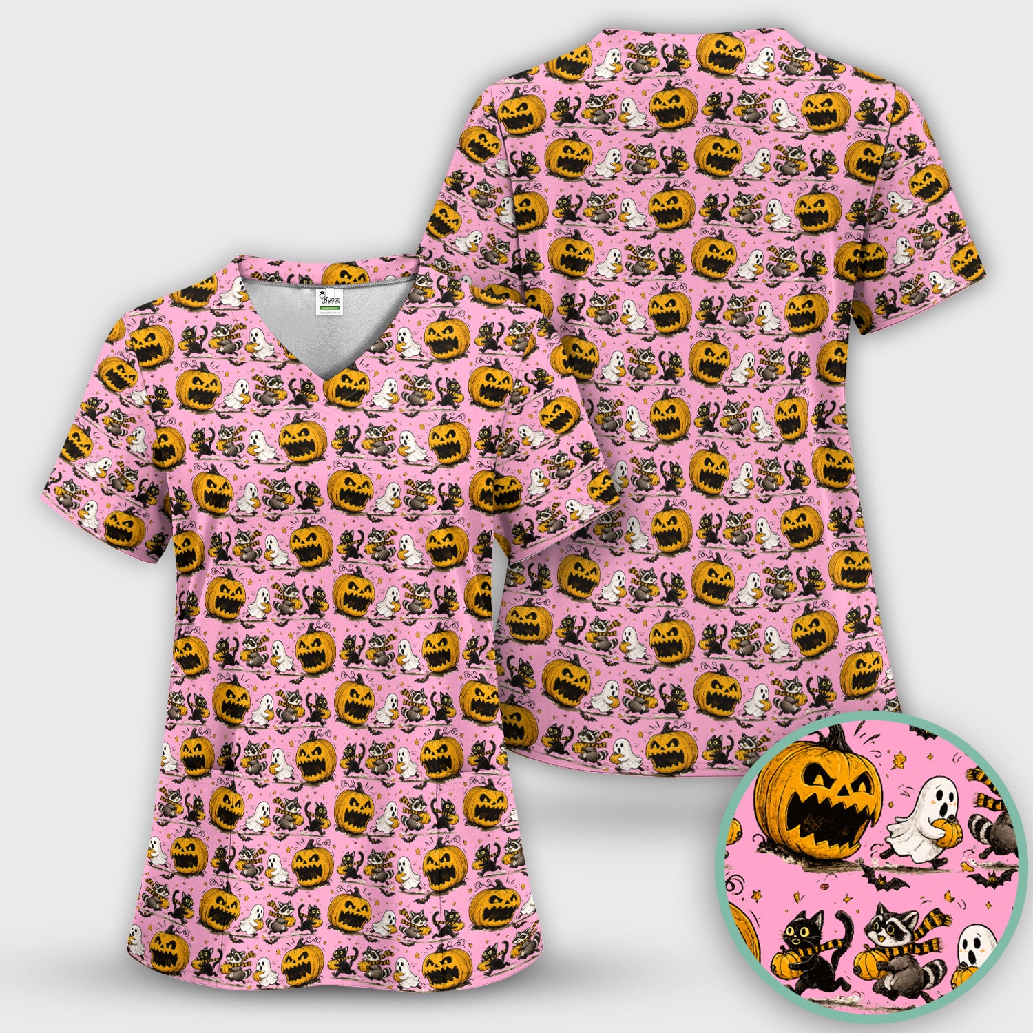 Spooky Halloween Woodland Critters Pattern Scrub Set, Scrub Pants and V Neck Top