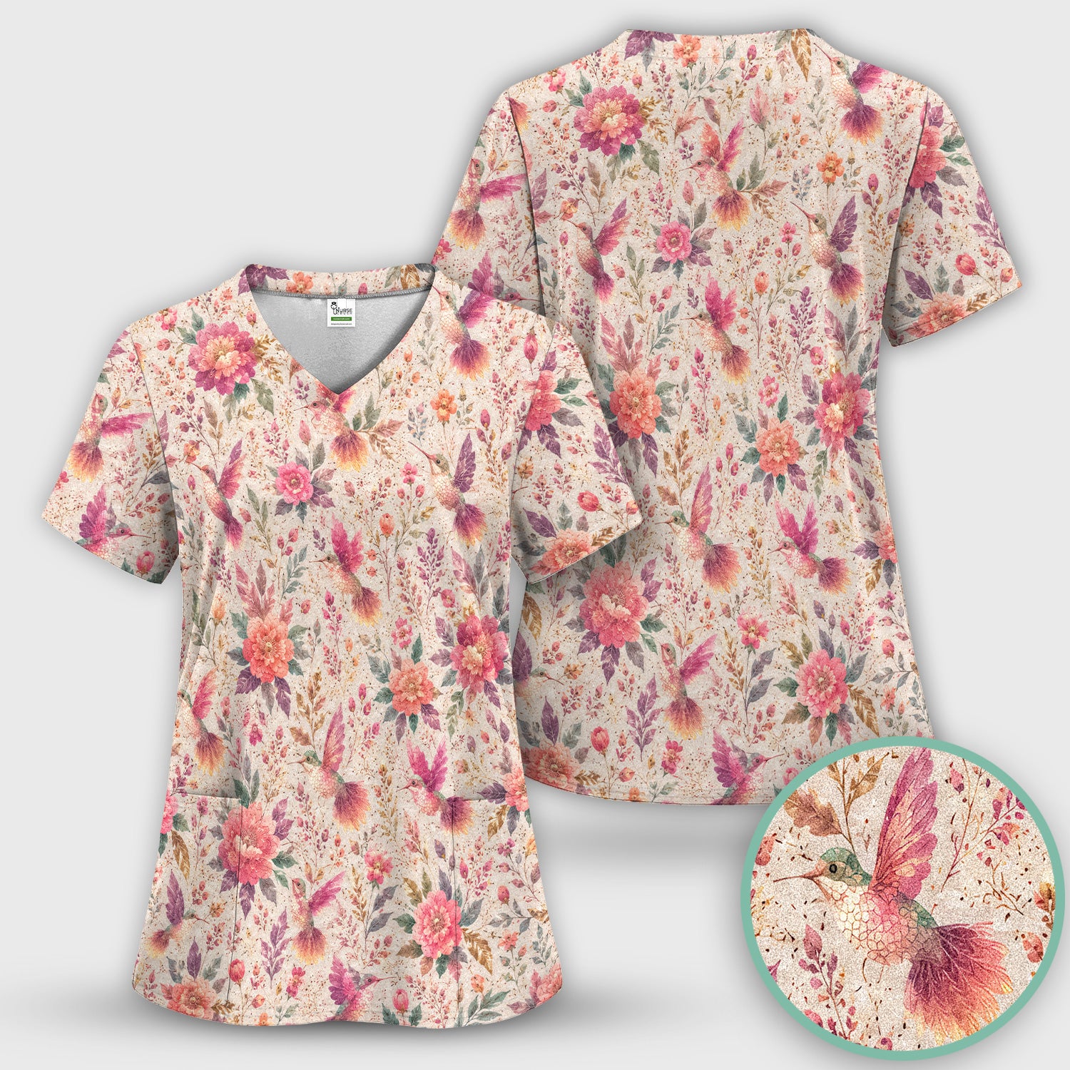 Hummingbird Floral Garden Pattern Scrub Set, Scrub Pants and V Neck Top
