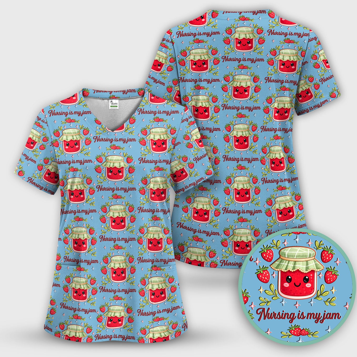 Cute Strawberry Jam Nurse Pattern Scrub Set, Breathable Med Uniform