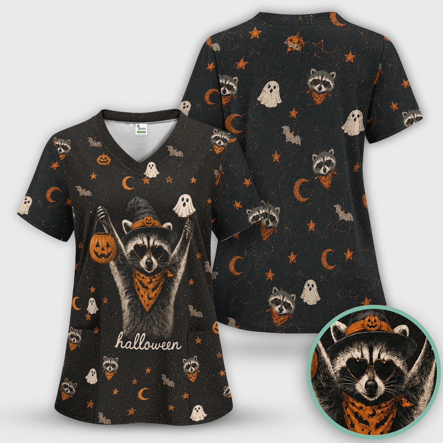 Ghost Pumpkin Raccoon Pattern Scrub Top, Comfortable Scrubs for Nurses
