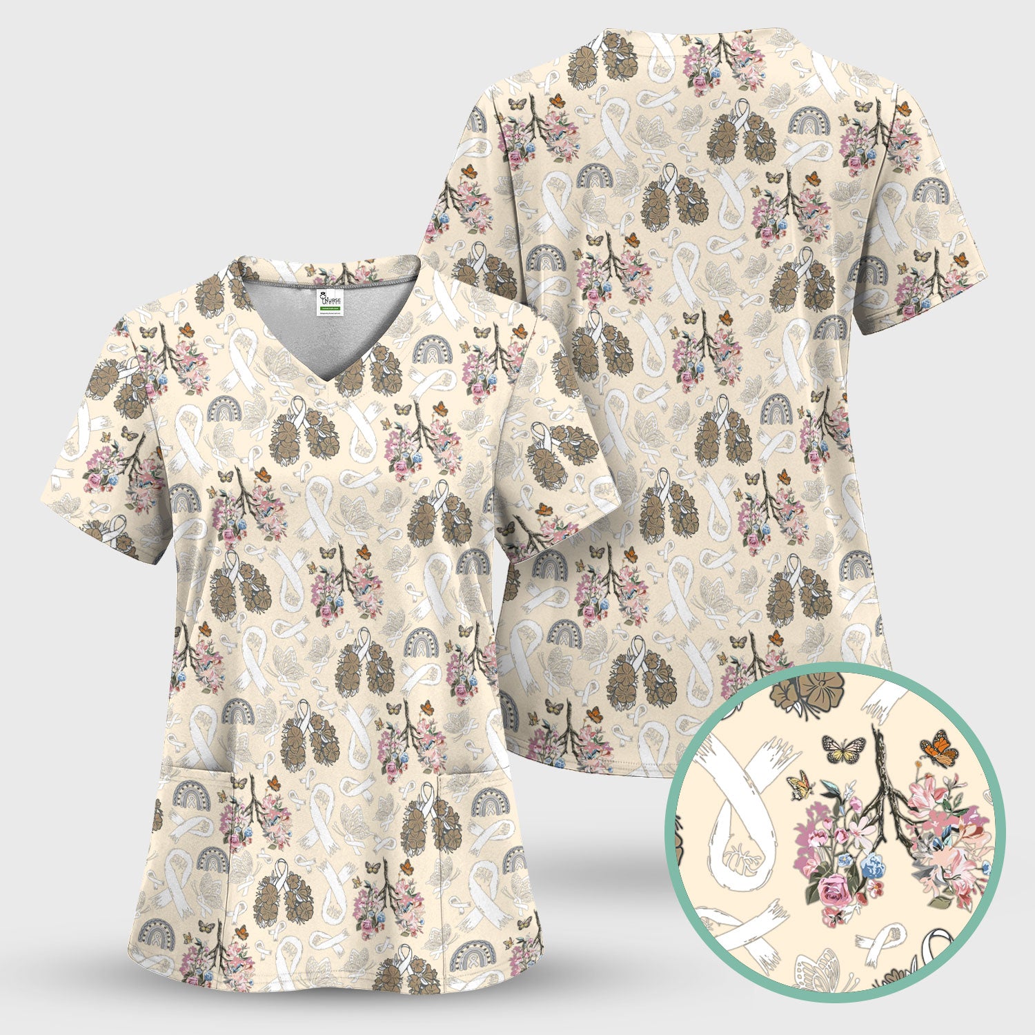 Lung Cancer Awareness Scrub Top for Women - White Ribbon Butterfly Floral Medical Uniform - Comfortable Scrubs for Nurses