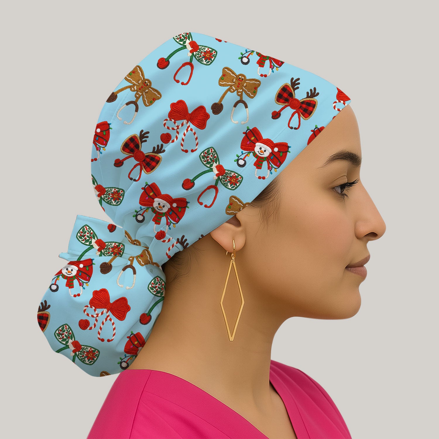 Christmas Stethoscope Bow Nurse Scrub Cap, Xmas Pattern Scrub Hat, Holiday Nursing Uniform