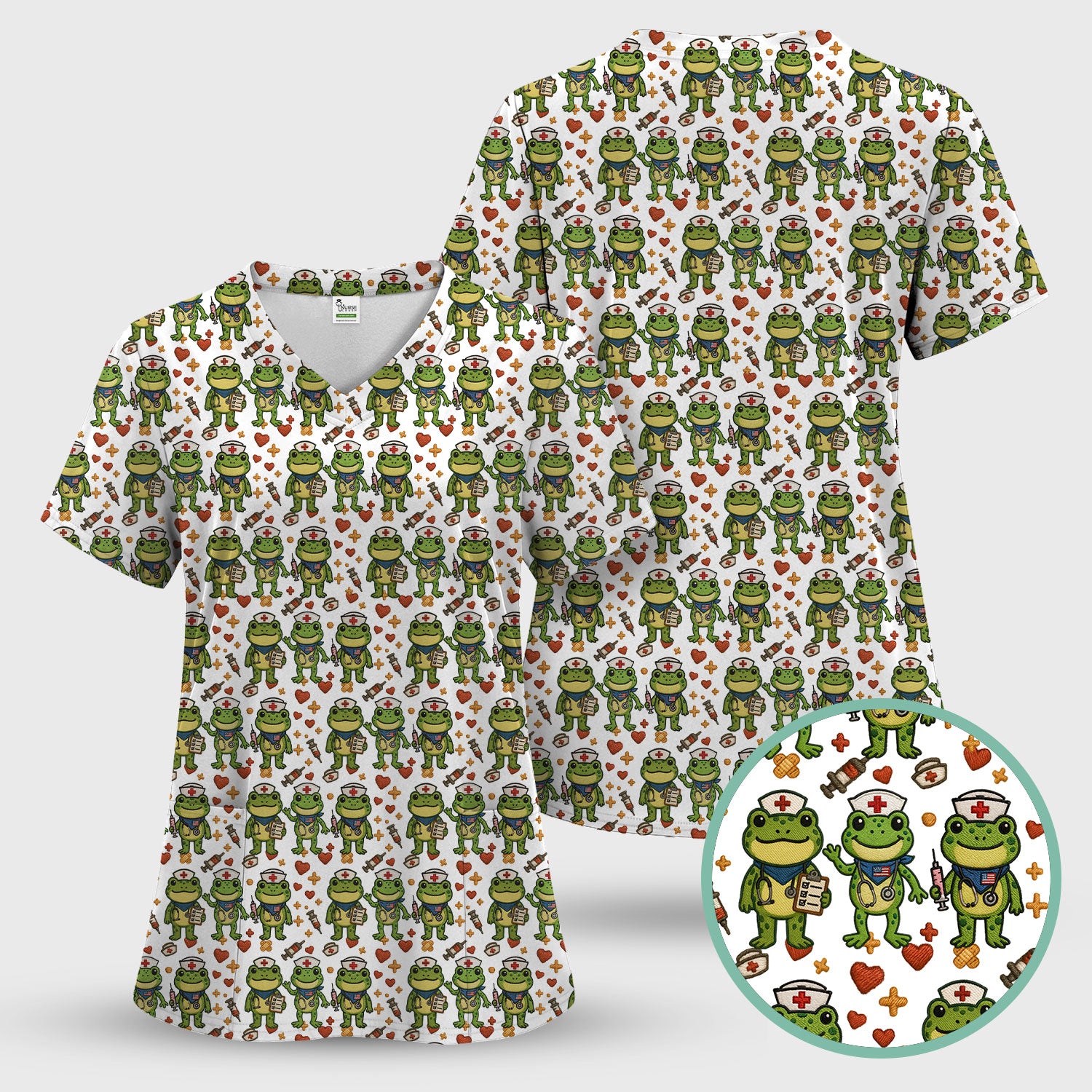 Frog Pattern Scrub Top, Cute Frog Scrub Shirt, Breathable Fabrics Nursing Uniform
