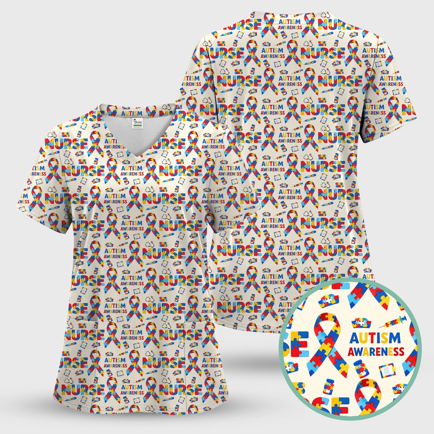 Autism Awareness Nurse Puzzle Ribbon Print Scrubs, Comfortable Scrubs for Nurses