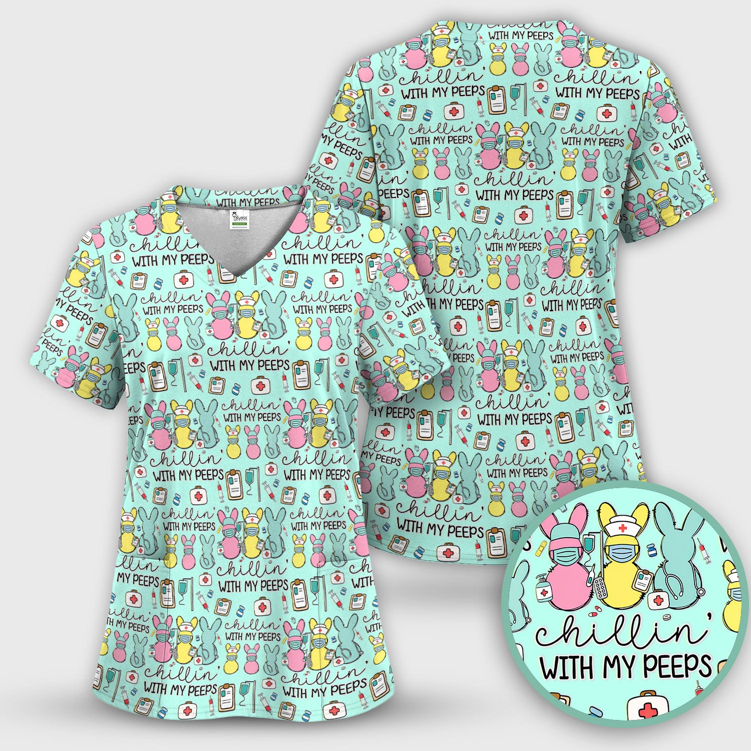 Cute Bunny Nurse Chillin With My Peeps Scrub Top, Comfortable Scrubs for Nurses, Easter