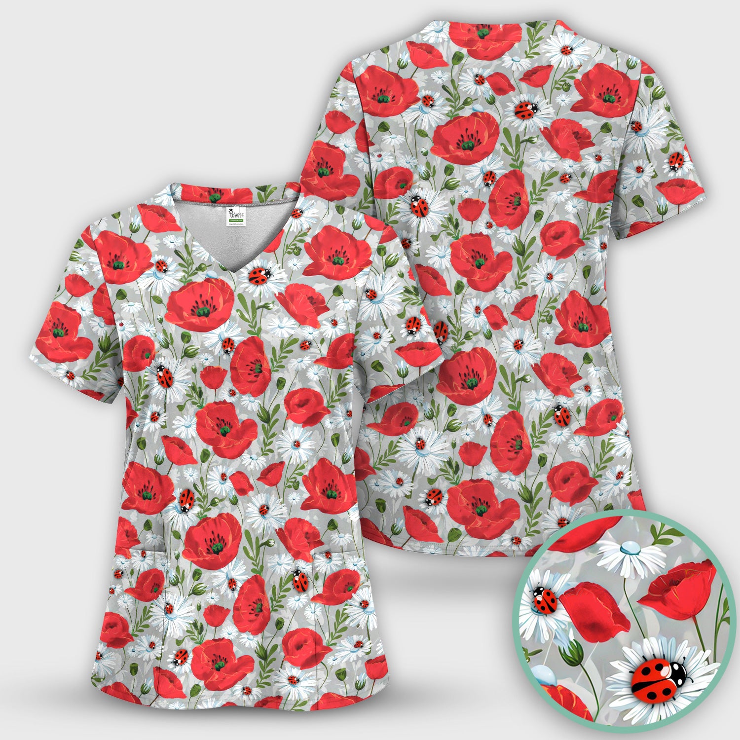 Cute Red Poppy Daisy Ladybug Floral Print Scrub Top, Comfortable Scrubs for Nurses