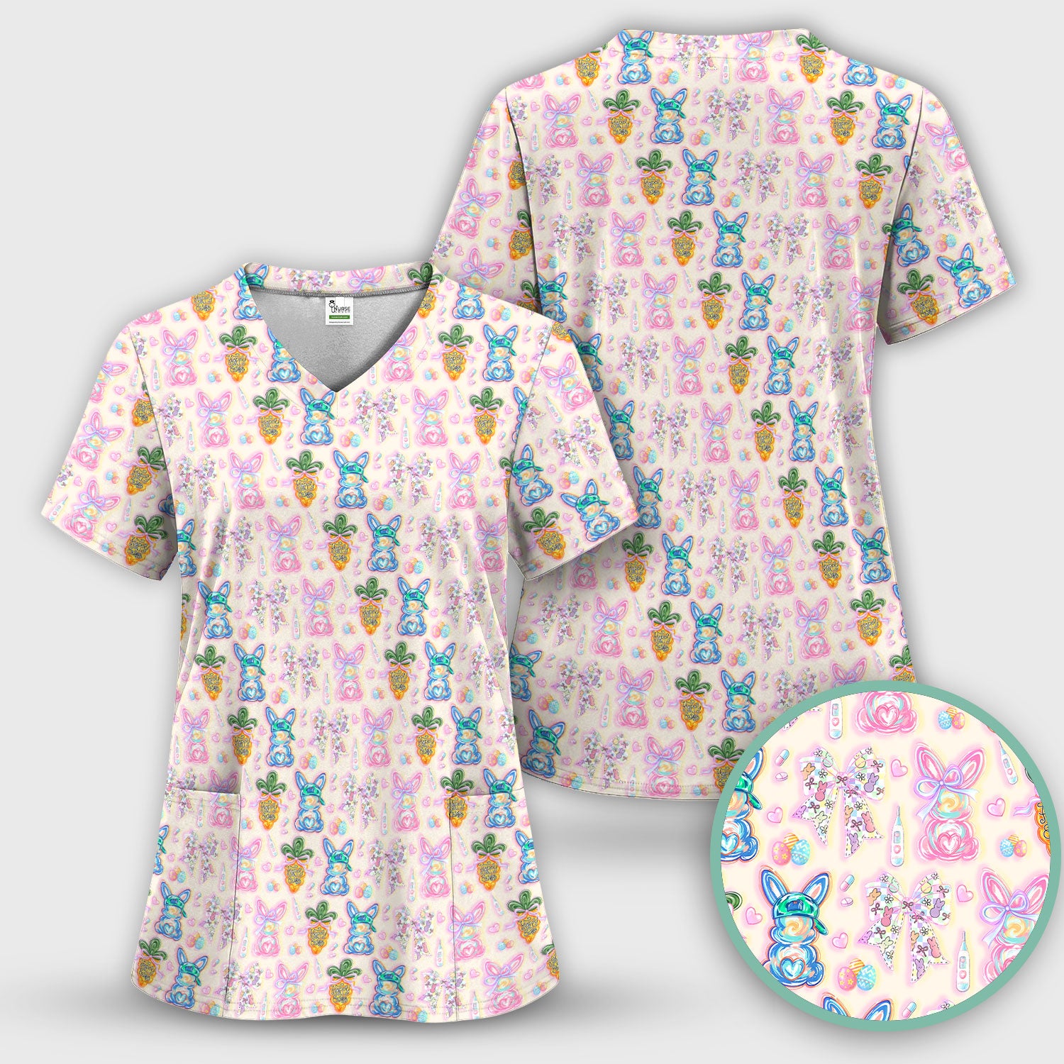 Easter Bunny Carrot Bow Floral Print Scrub Top, Comfortable Scrubs for Nurses