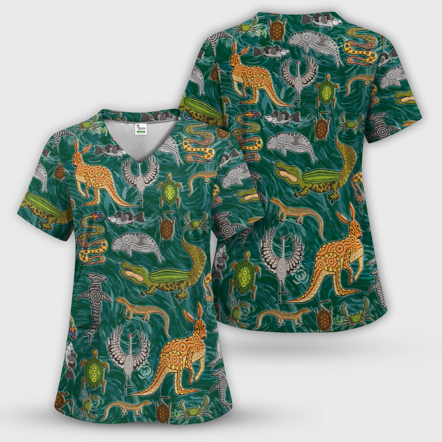 Crocodile Turtle Snake Animal Pattern Scrub Top, Comfortable Scrubs for Nurses