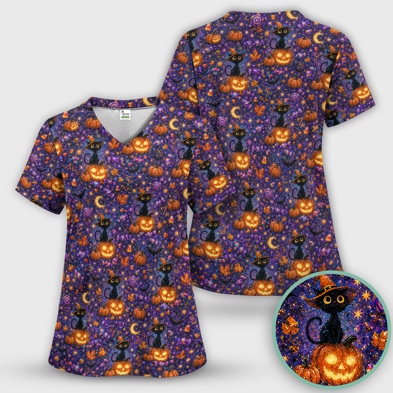 Mystical Halloween Witch Cat Scrub Top, Comfortable Scrubs for Nurses