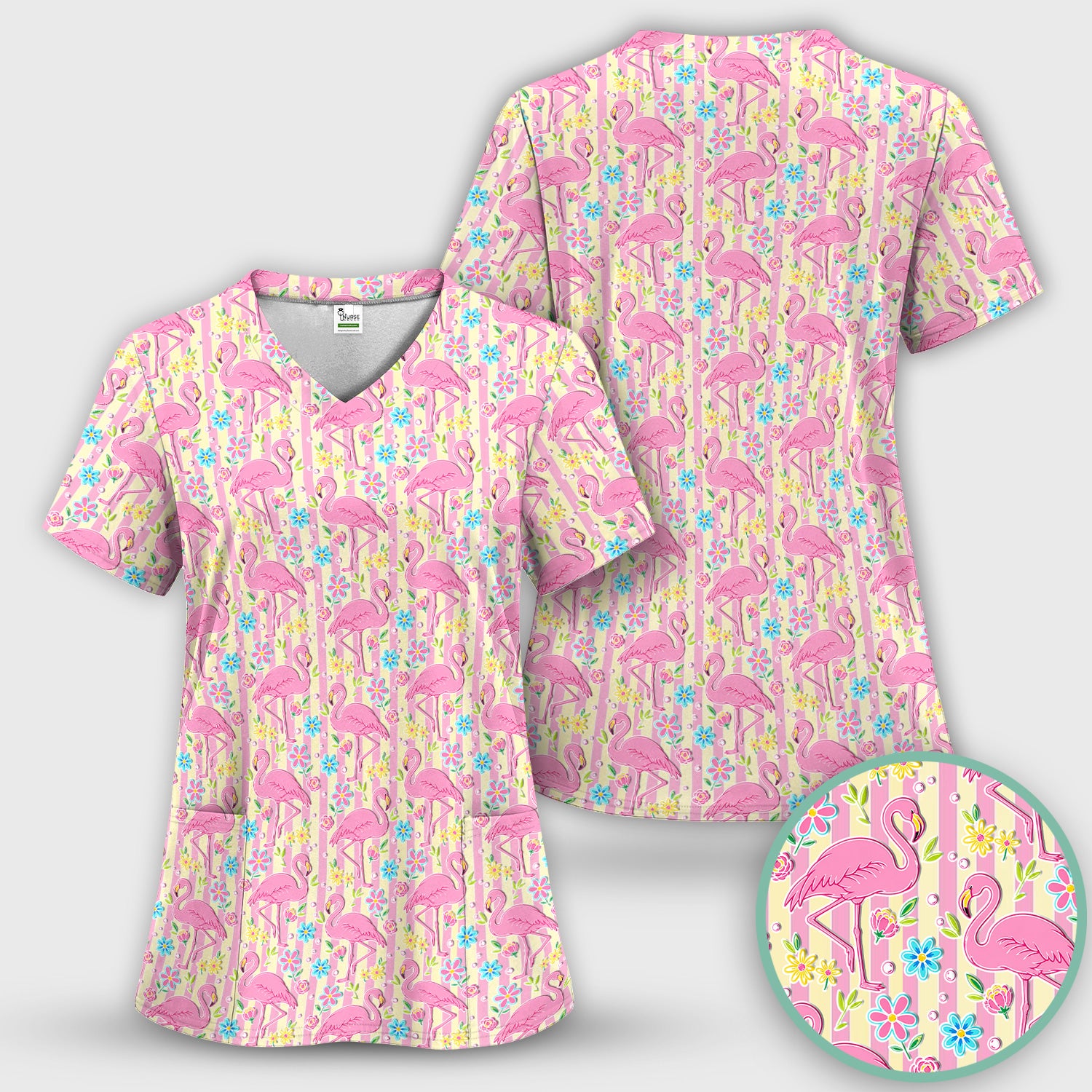 Pink Flamingo Flower Stripe Pattern Scrub Top, Comfortable Scrubs for Nurses