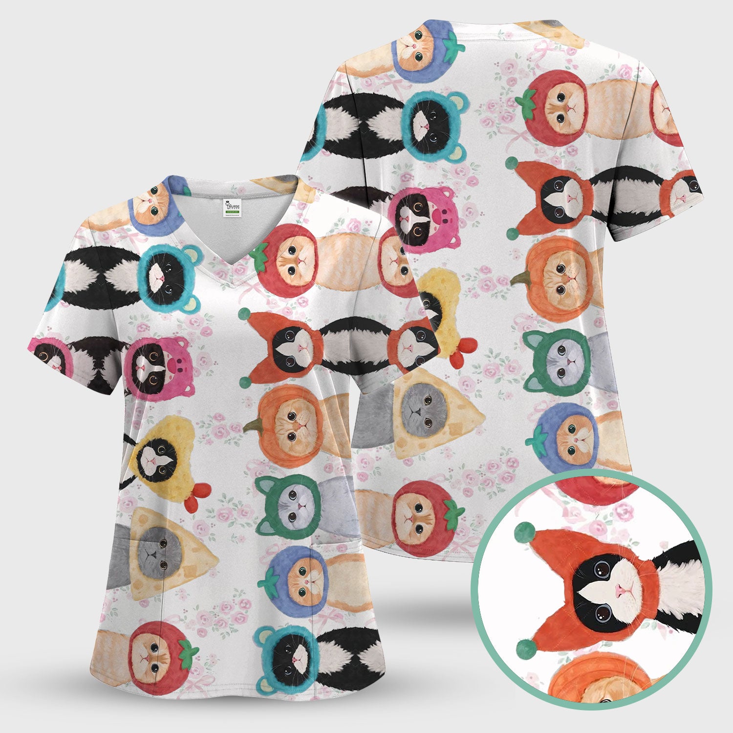 Funny Cartoon Cat Print Scrub Top, Nurse Healthcare Workwear