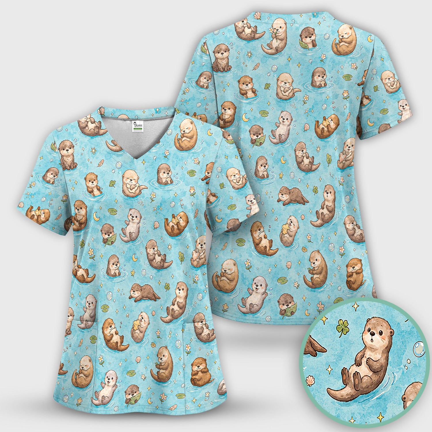 Cute Otter Pond Nurse Print Scrub Set, Scrub Pants and V Neck Top