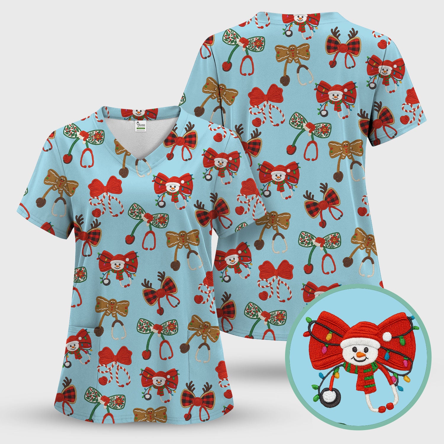 Christmas Stethoscope Bow Nurse Scrub Top, Xmas Pattern Scrub Shirt, Holiday Nursing Uniform