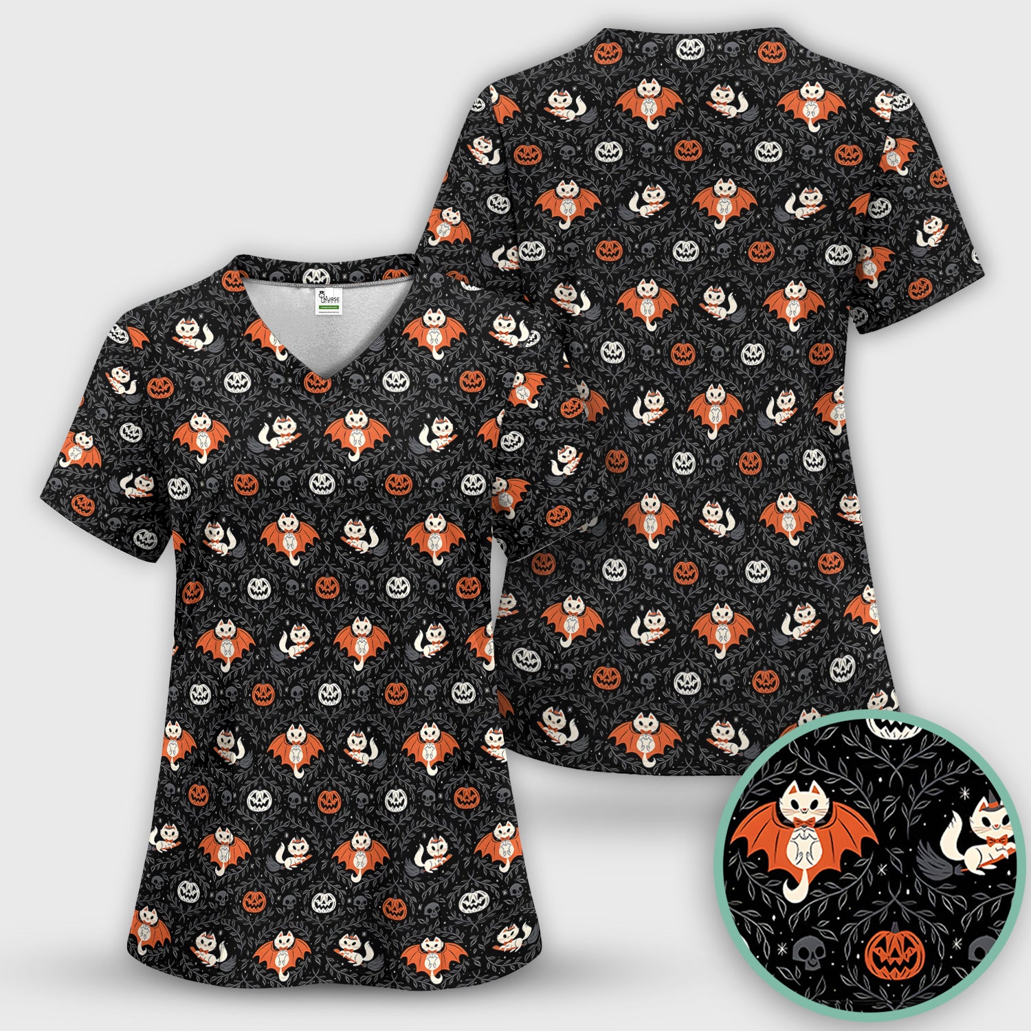 Cute Halloween Vampire Cat Pattern Scrub Top, Comfortable Scrubs for Nurses