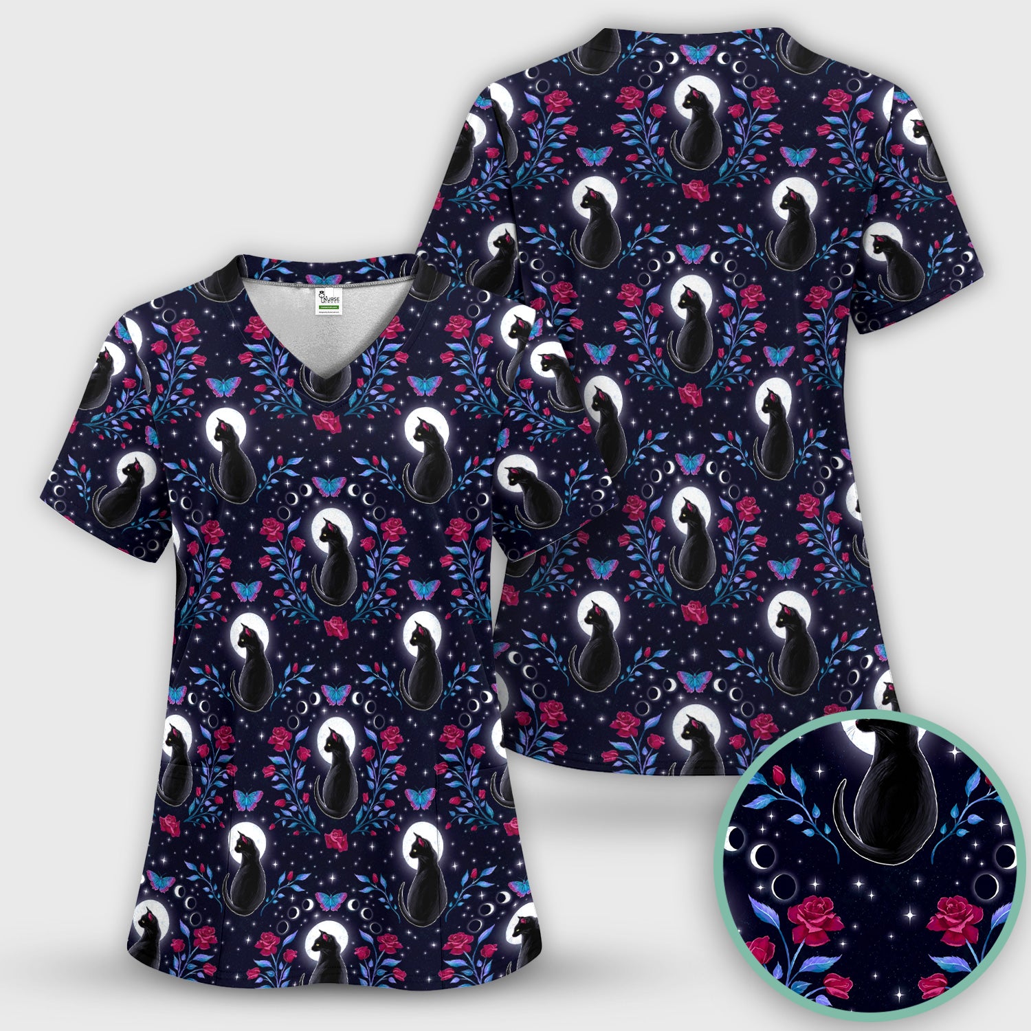 Black Cat Moon Rose Print Scrub Top, Comfortable Scrubs for Nurses