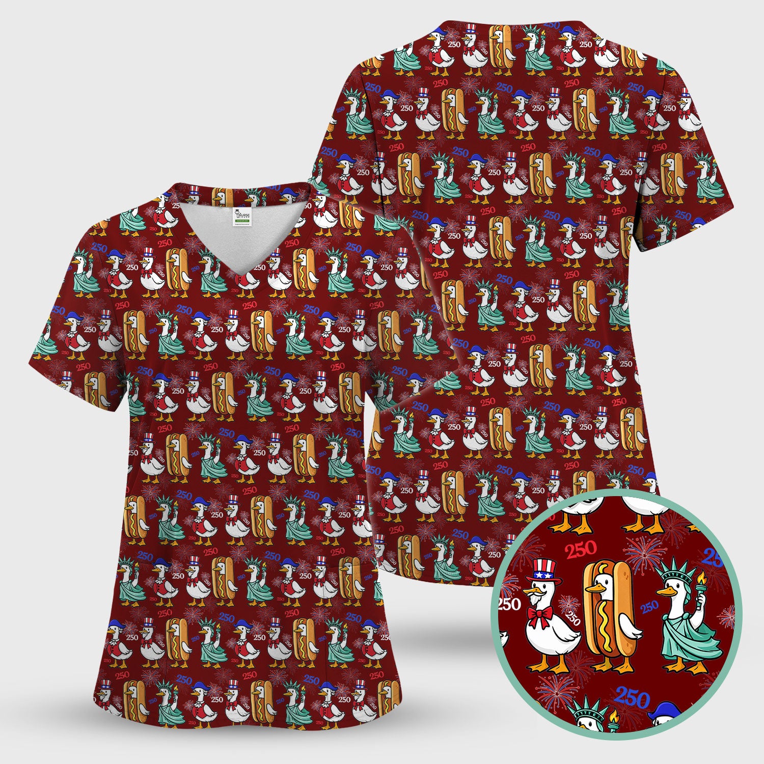 Patriotic Duck Independence Day Pattern Scrub Set, Scrub Pants and V Neck Top