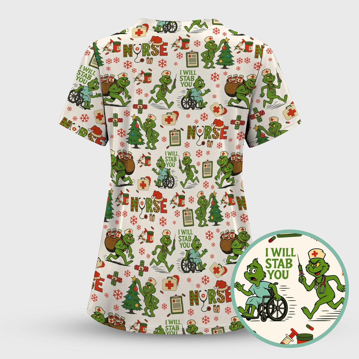 Funny Grinch Nurse Scrub Top for Women - Christmas Scrub Shirt with I Will Stab You Quote - Cute Holiday Nursing Work Shirt with Pockets